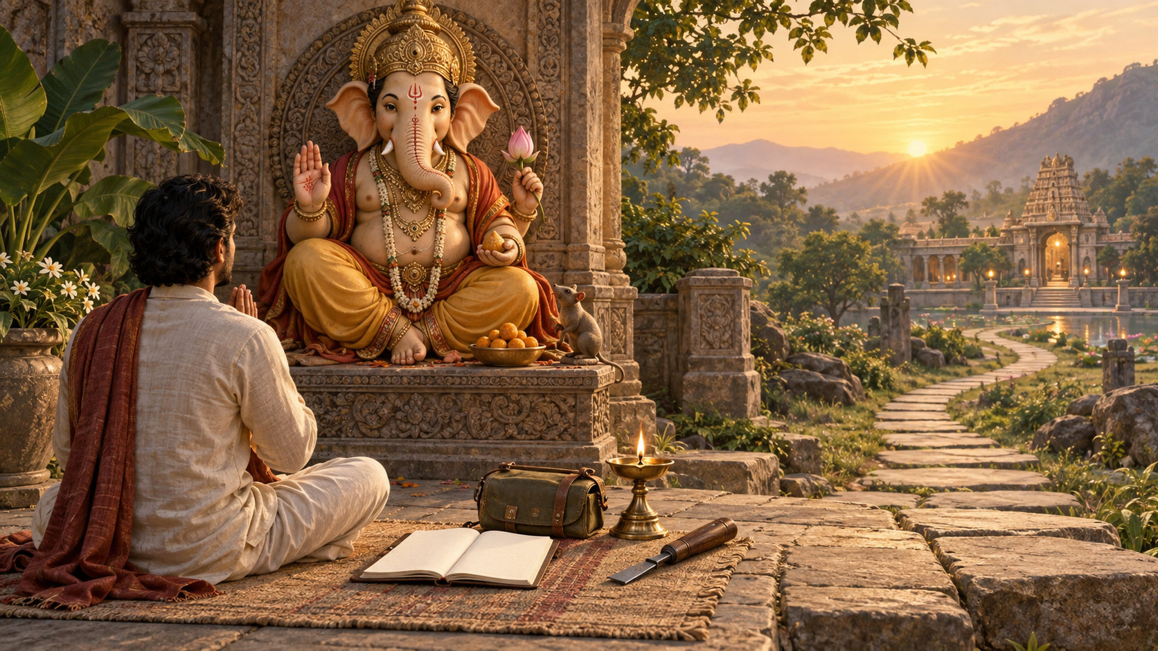 Ganesha seated in blessing at the start of a stone path while a devotee reflects beside tools for study, travel, ceremony, and work.