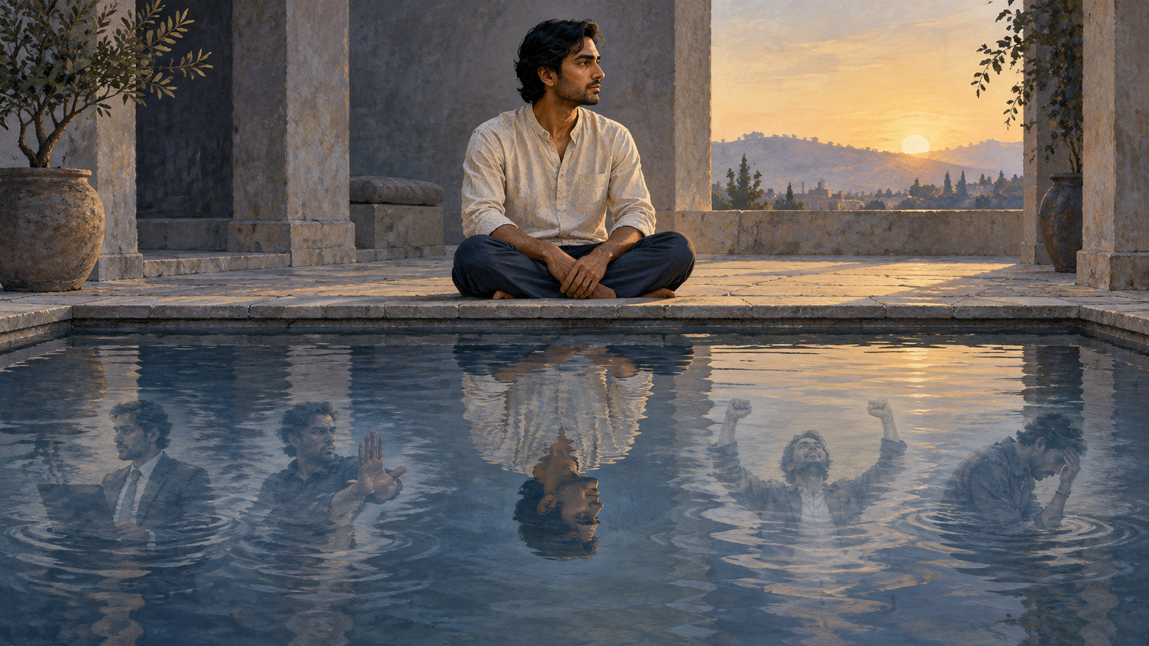 A seated person beside a courtyard pool observes several fading reflections of different emotional postures in the water at dawn.