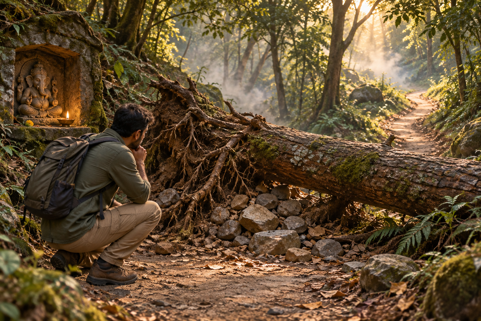 A person studies a fallen branch blocking a forest path beside a lamp-lit stone relief of Ganesha, while another route remains visible.