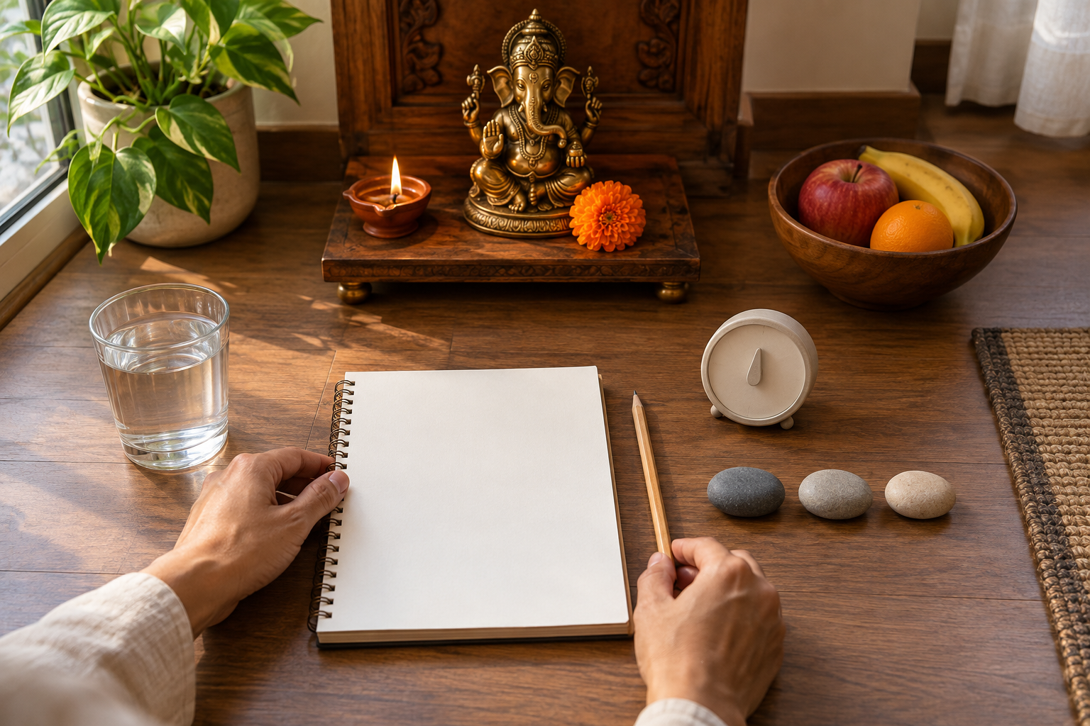Hands arrange a blank notebook, pencil, timer, and three stones before a simple Ganesha shrine with a lamp, flower, fruit, and water.