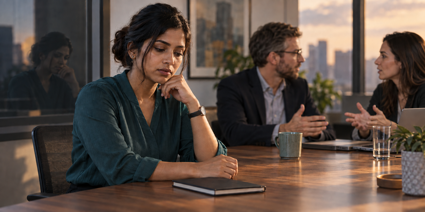 A professional pauses before responding during a tense meeting while a window reflection suggests a defensive reaction.