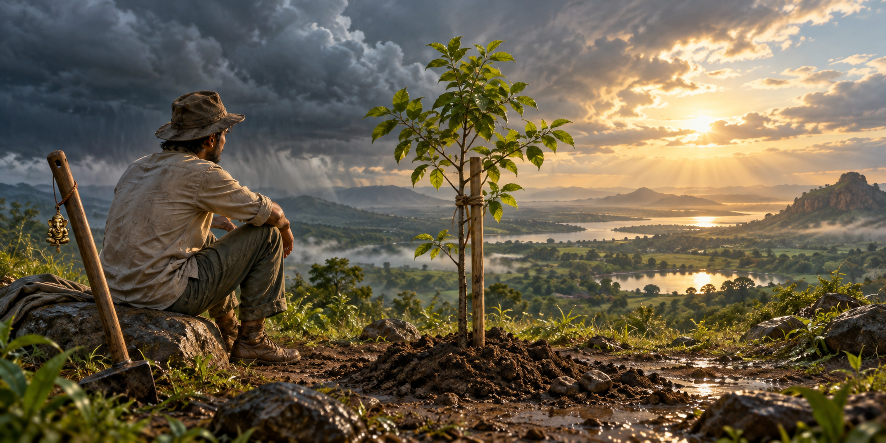 A gardener supports a newly planted sapling as rain clouds and sunlight share the sky, with a small Ganesha pendant on a nearby tool.