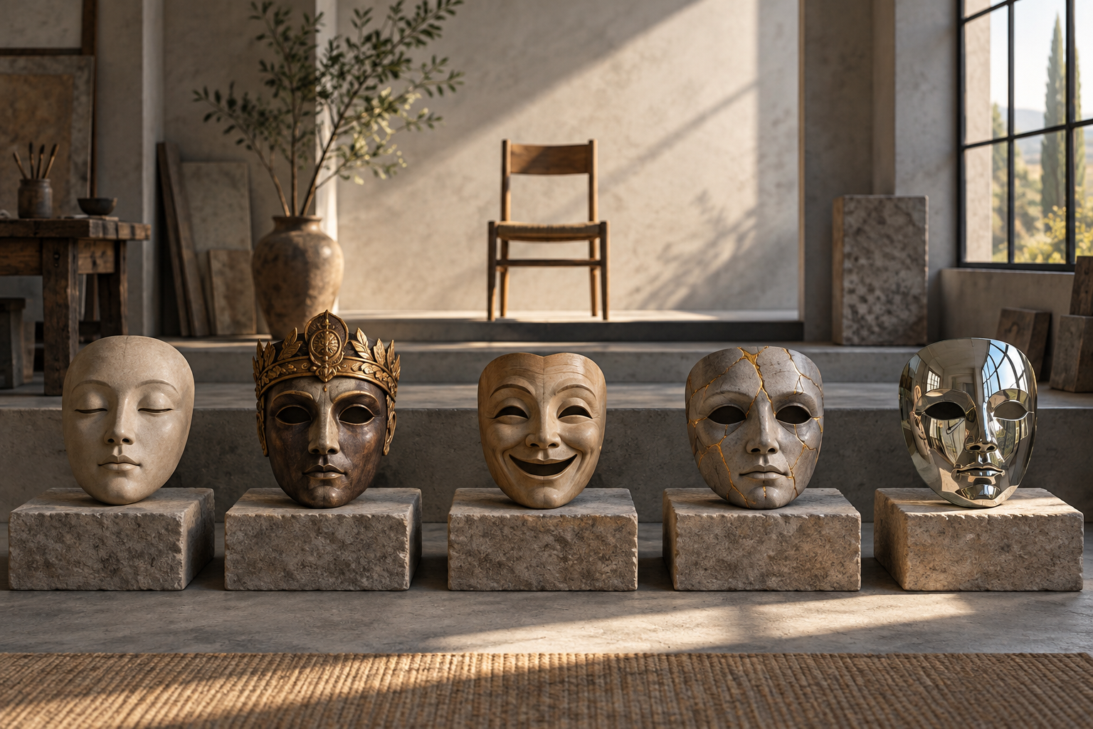 Five differently crafted masks lie on stone steps in front of a plain empty seat illuminated by morning light.