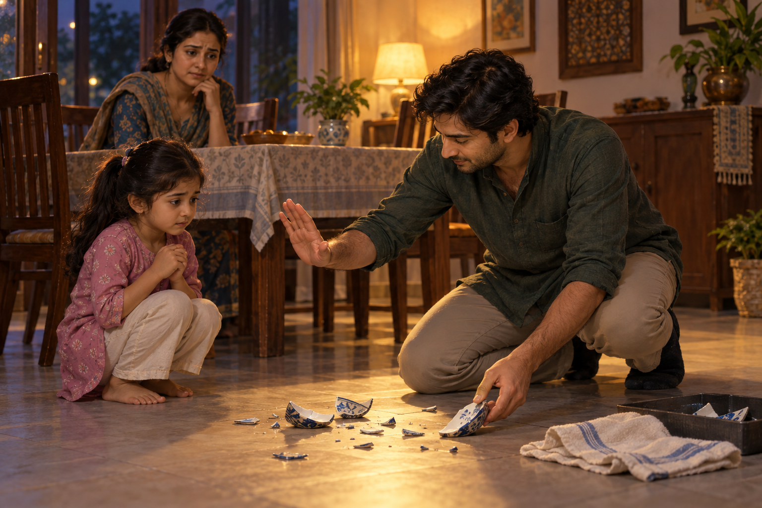 An adult calmly protects a child from sharp pieces while taking care of a broken bowl in a family dining room.