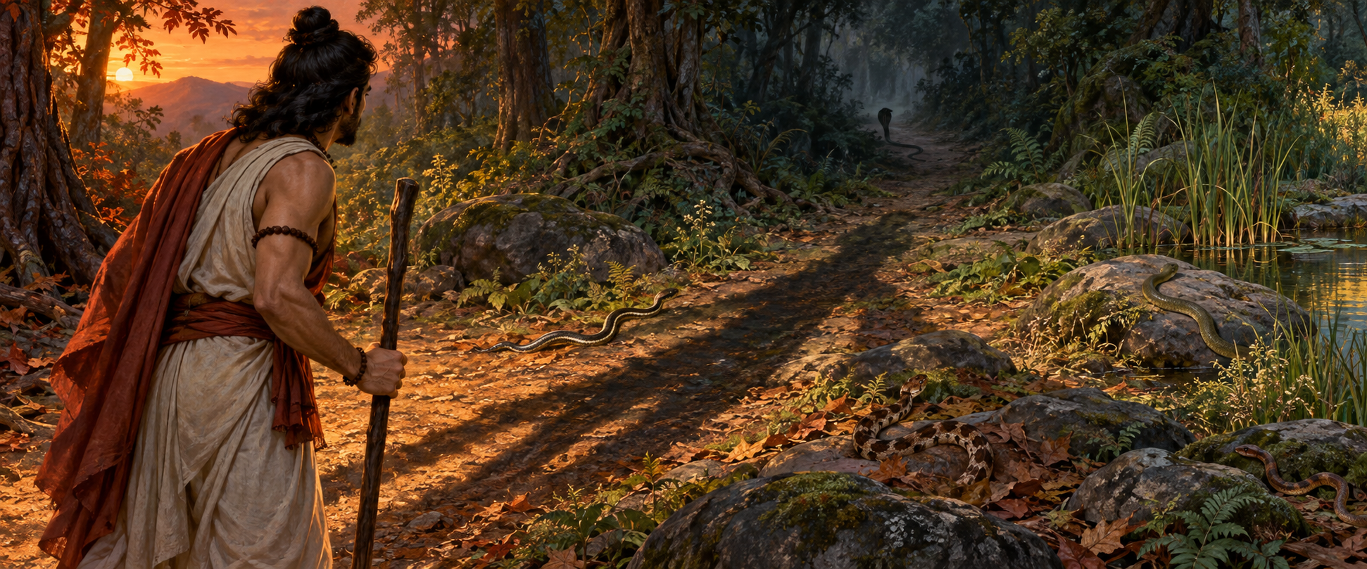 Ruru's shadow falls across several harmless snakes as one serpent disappears into the forest.