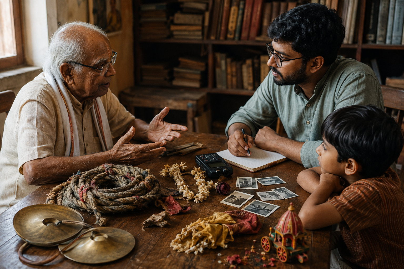 An elderly devotee shares memories with a younger archivist beside a recorder, old festival photographs, hand cymbals, and a piece of chariot rope.