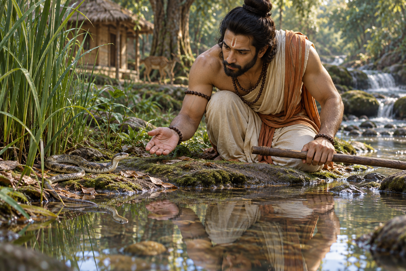 Ruru kneels with his staff lowered as he examines a calm water snake beside reeds and a stream.