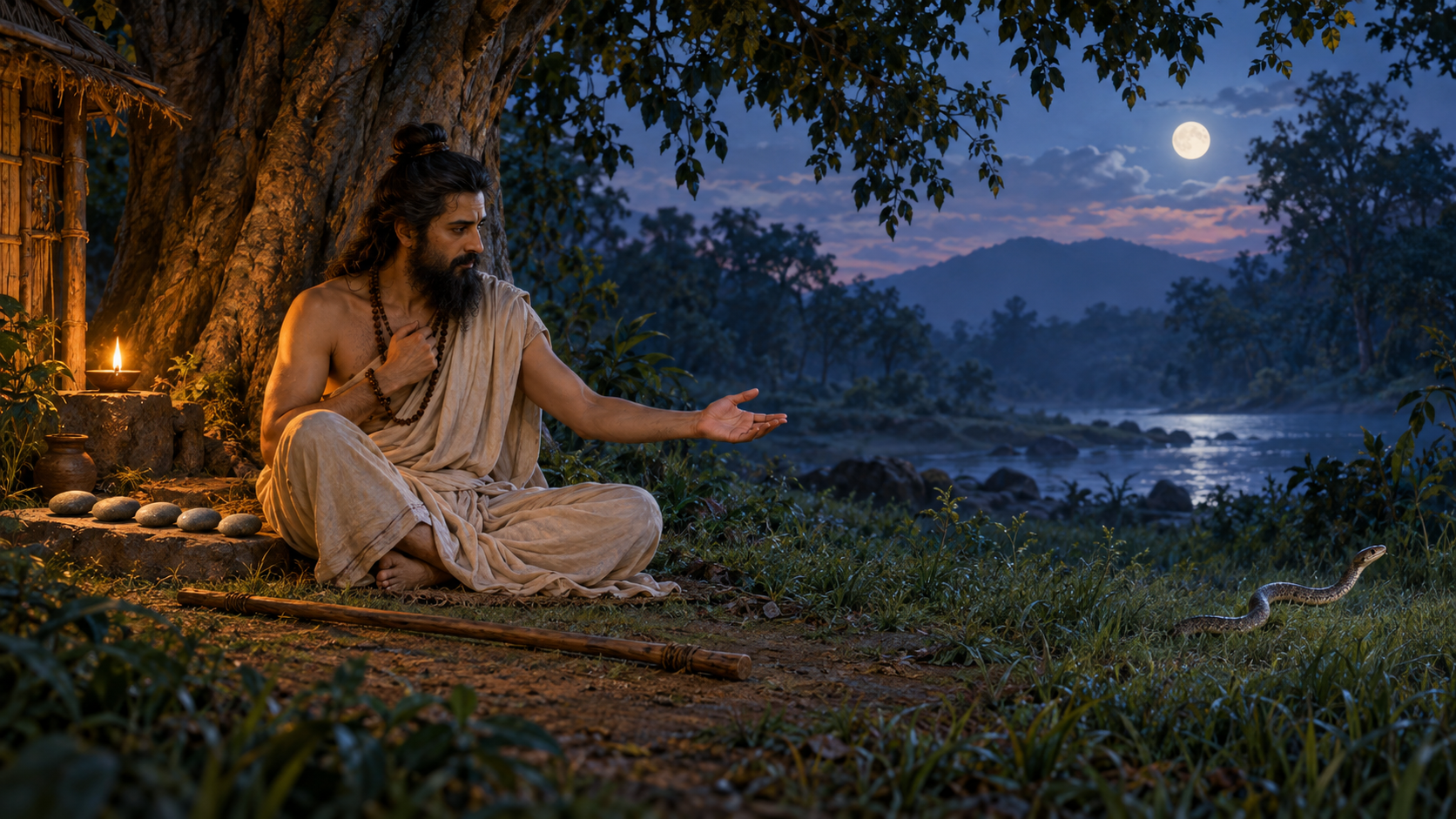 Ruru sits beneath a tree with his staff on the ground while a harmless snake moves away near five river stones.