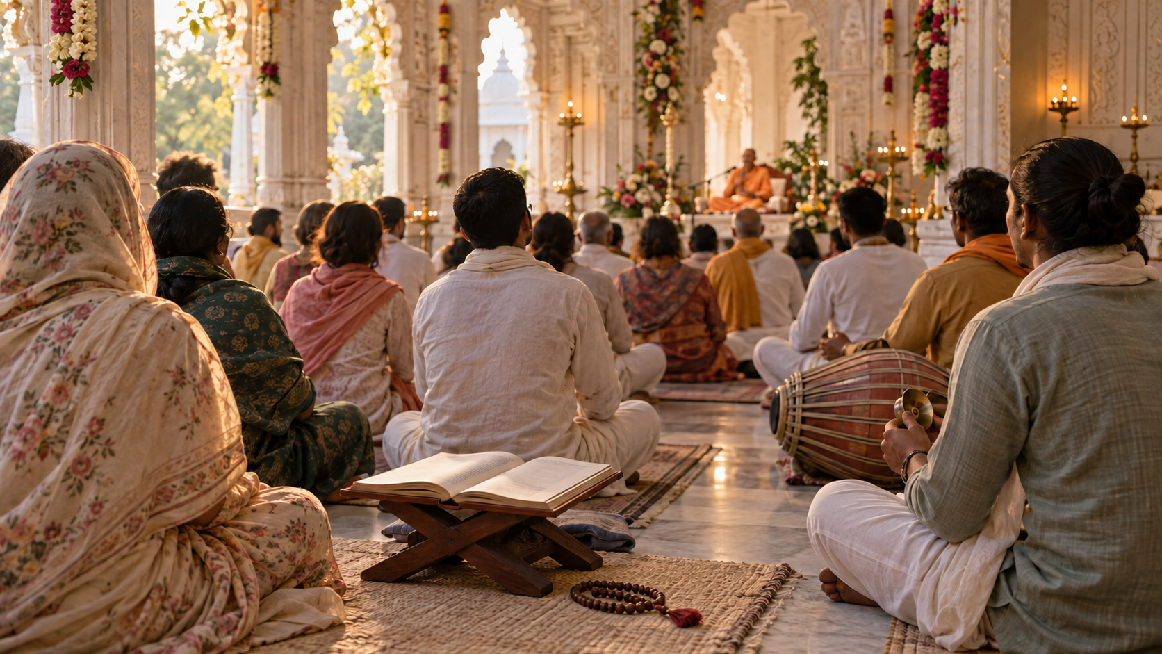 Worshippers sit in a carved temple hall while a saffron-robed monk gives a discourse and musicians wait with a drum and hand cymbals.