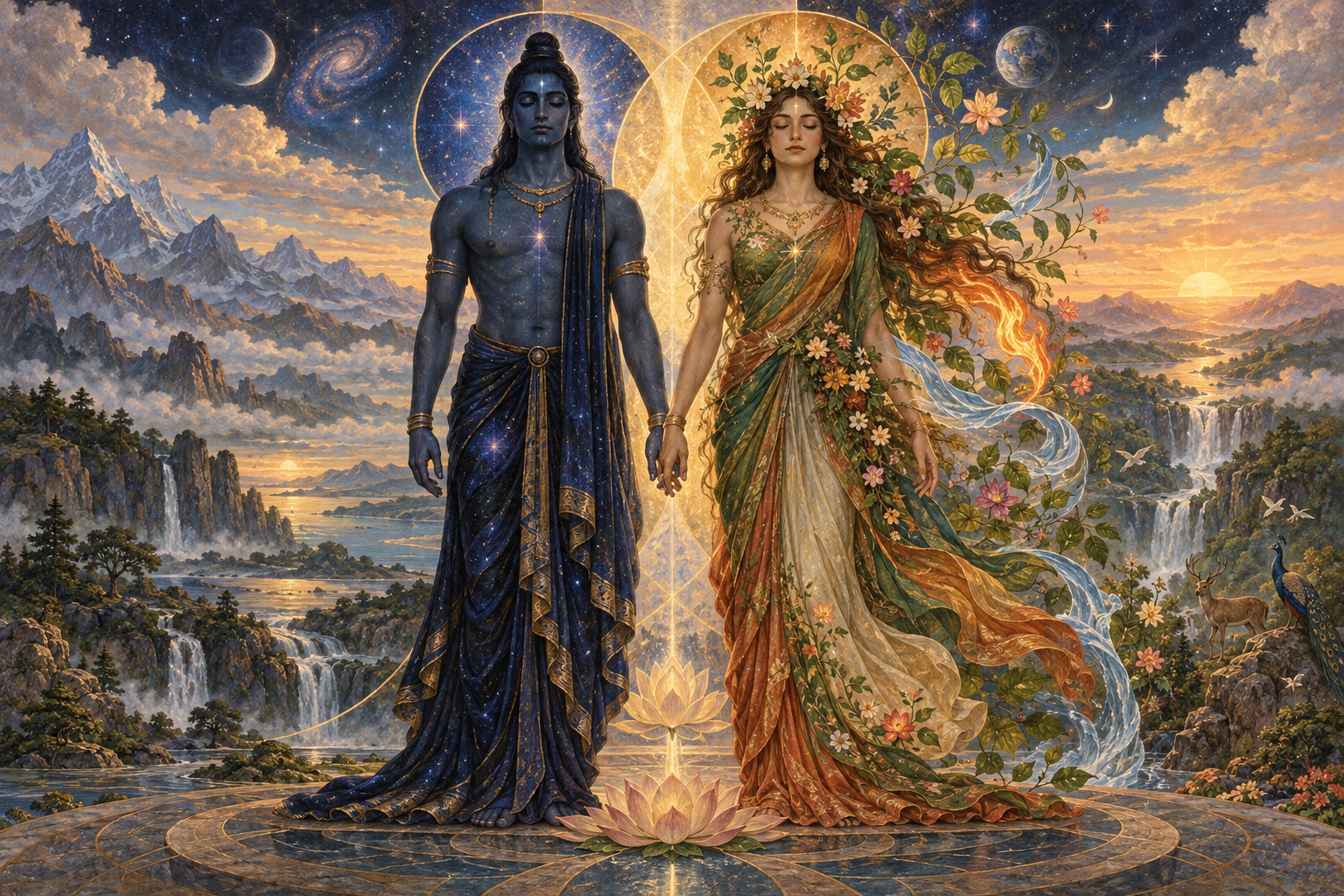 Two equal-scale archetypal figures stand side by side in a cosmic landscape, with the calm indigo figure of Purusha beside the nature-filled figure of Prakriti on his left.