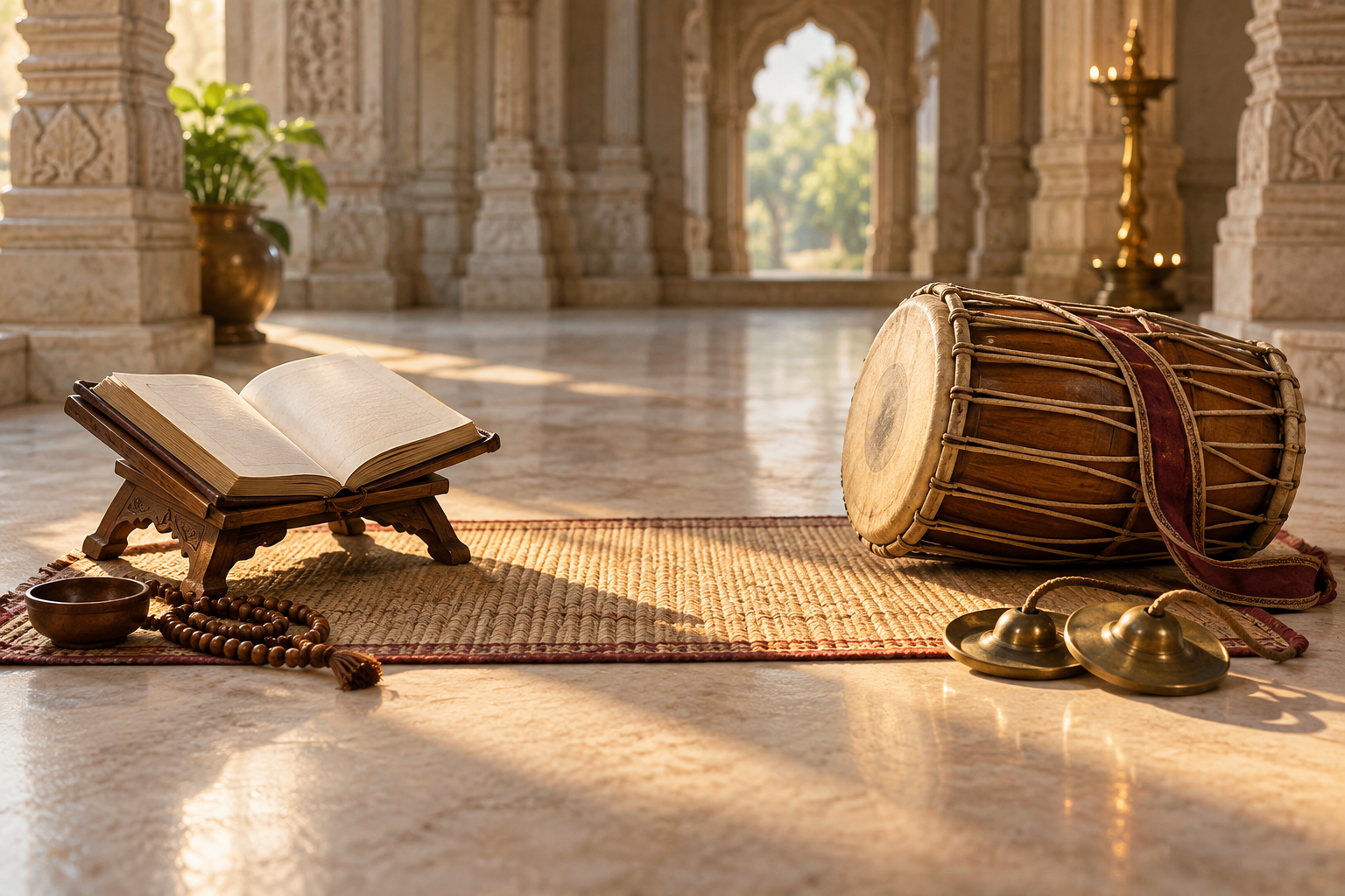 A scripture stand and prayer beads share a woven mat with a devotional drum and brass hand cymbals.