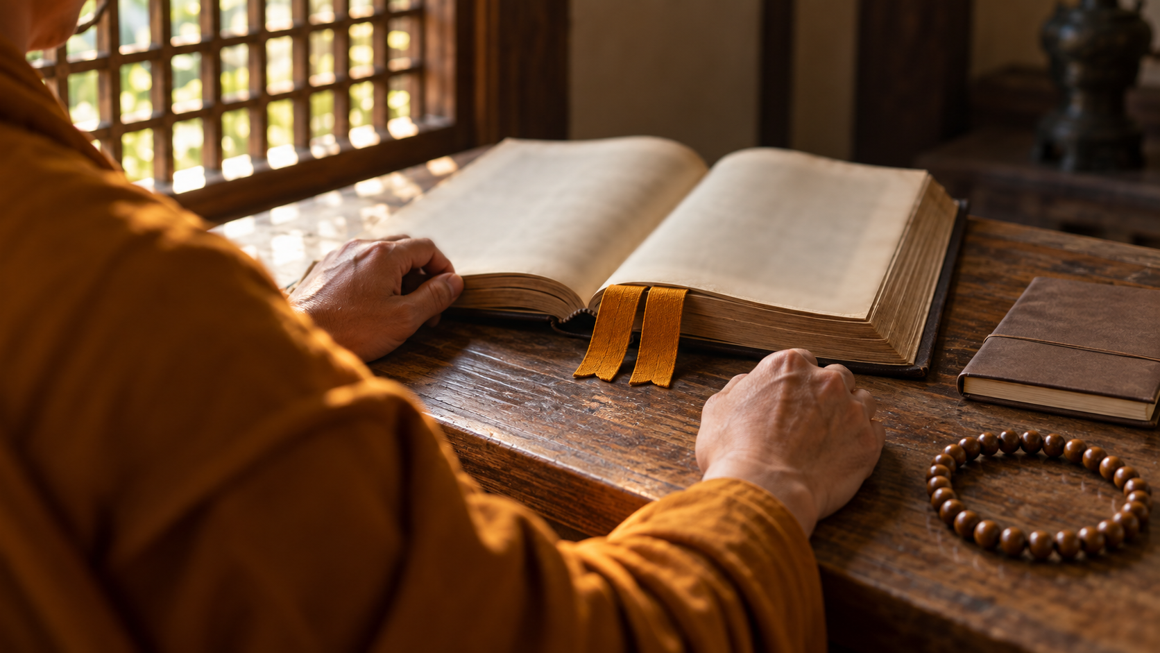 A listener sits beside an open scripture marked at two adjacent places, with prayer beads and a closed notebook nearby.