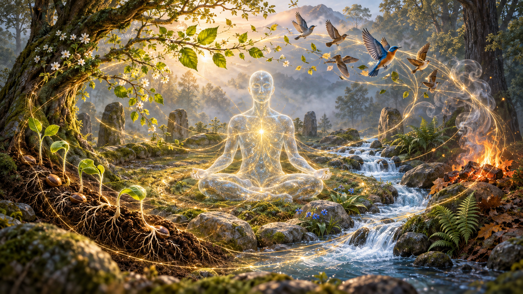 A still translucent meditating figure shares a circular forest clearing with flowing water, growing plants, birds, and fire connected by golden light.