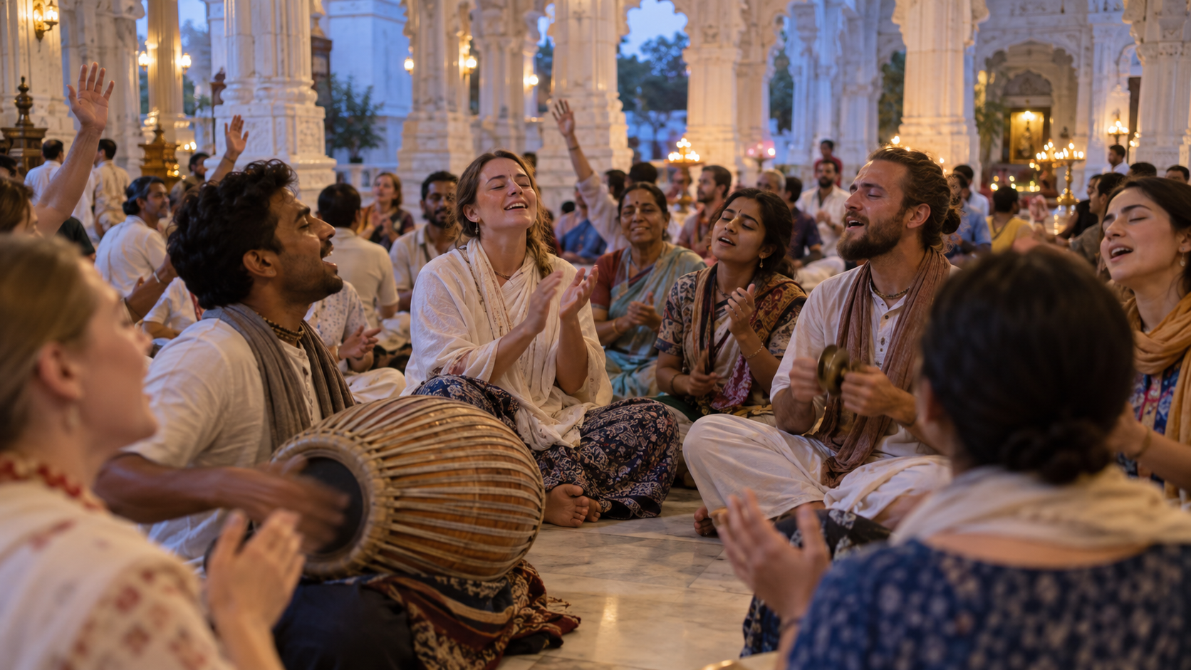 Devotees sing in a temple kirtan circle as musicians play a double-headed drum and small hand cymbals.