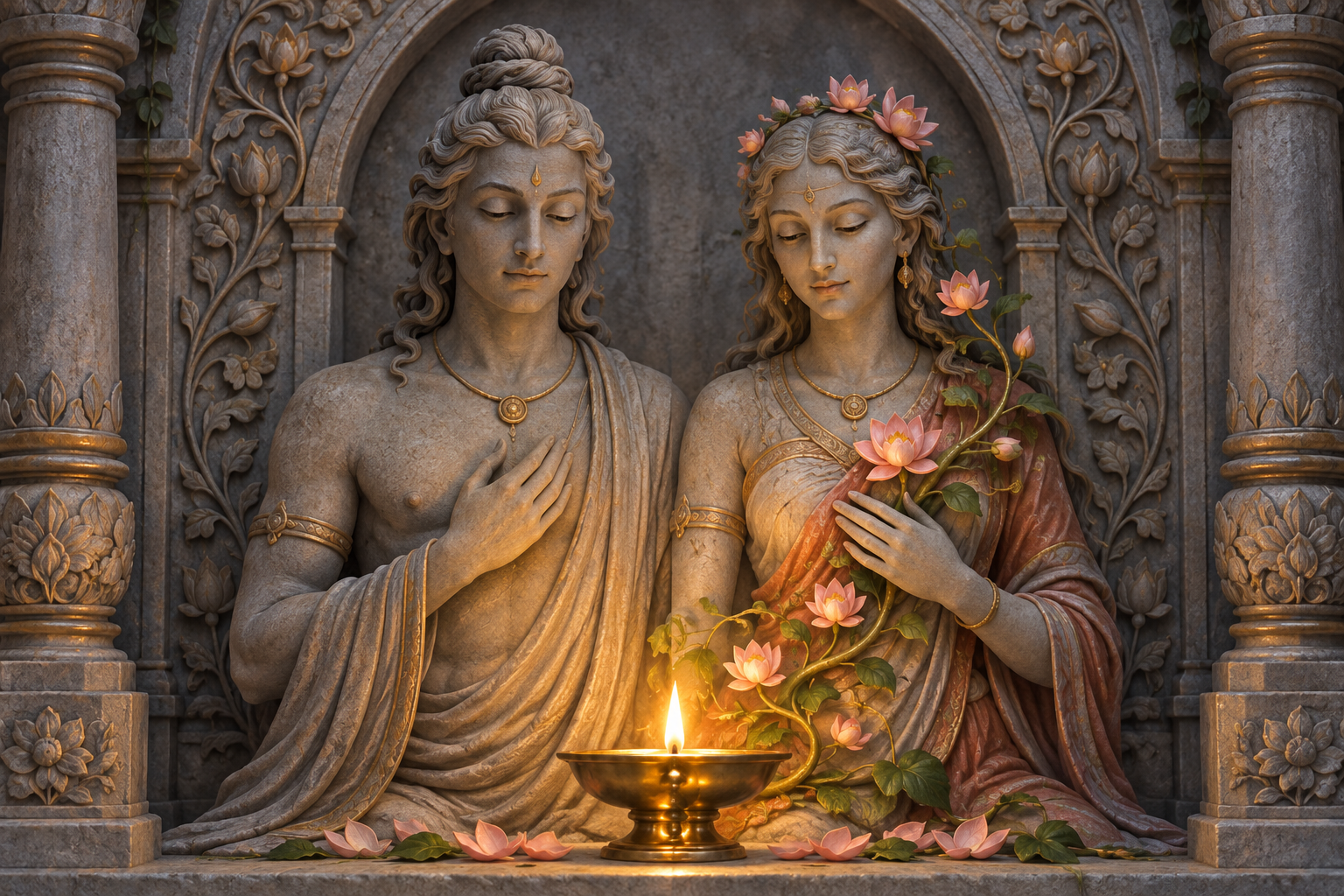 Two equal-height symbolic figures stand in a balanced stone sanctuary, with a lotus vine and ceremonial lamp joining the space between them.
