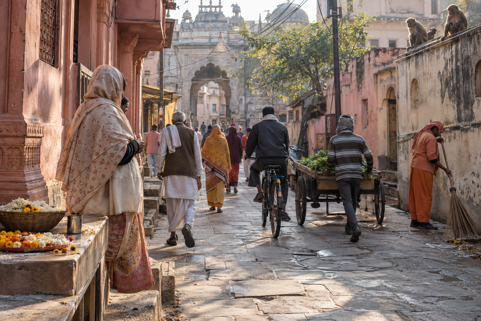 A pilgrim pauses on a lived-in Vrindavan lane as residents, a cyclist, a street cleaner, and a handcart pass near a carved temple gateway.