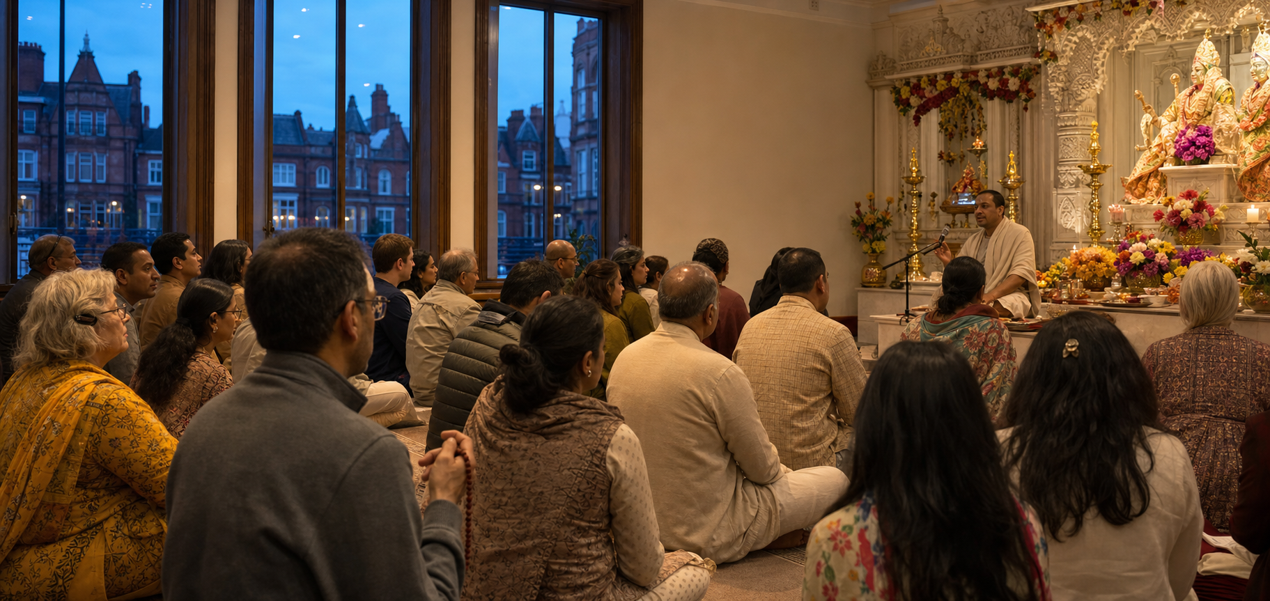 A multigenerational congregation gathers for chanting and teaching inside a warmly lit Birmingham devotional temple.