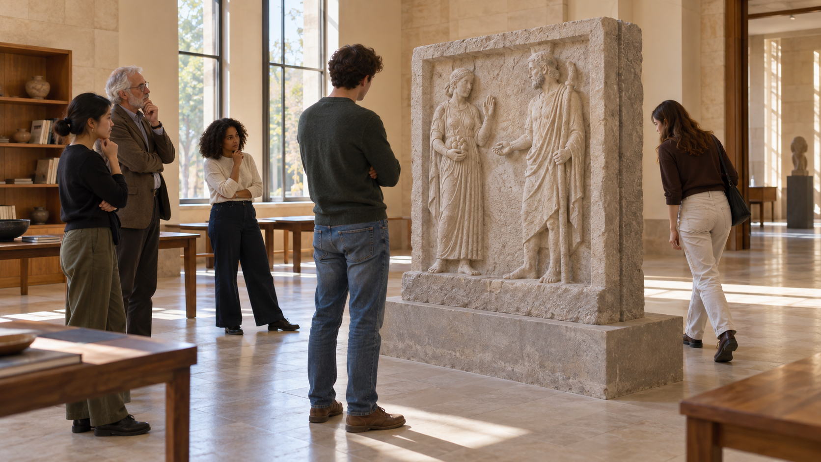 Students and a teacher examine an invented two-figure stone relief from the front and side in a softly lit study room.