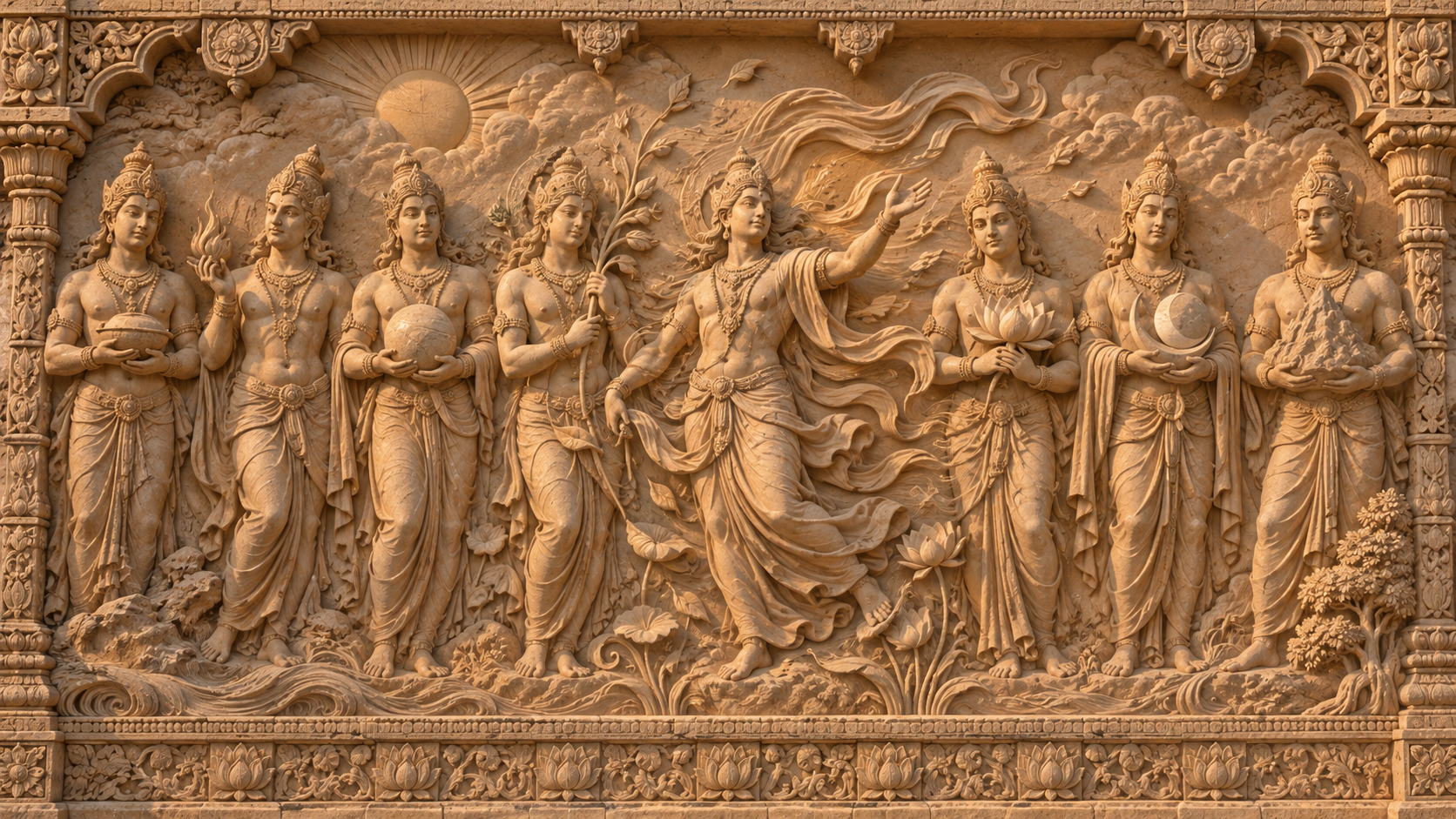 Imagined sandstone relief of eight celestial figures, with Anila suggested by windblown drapery, bending lotus stems, and swirling leaves.