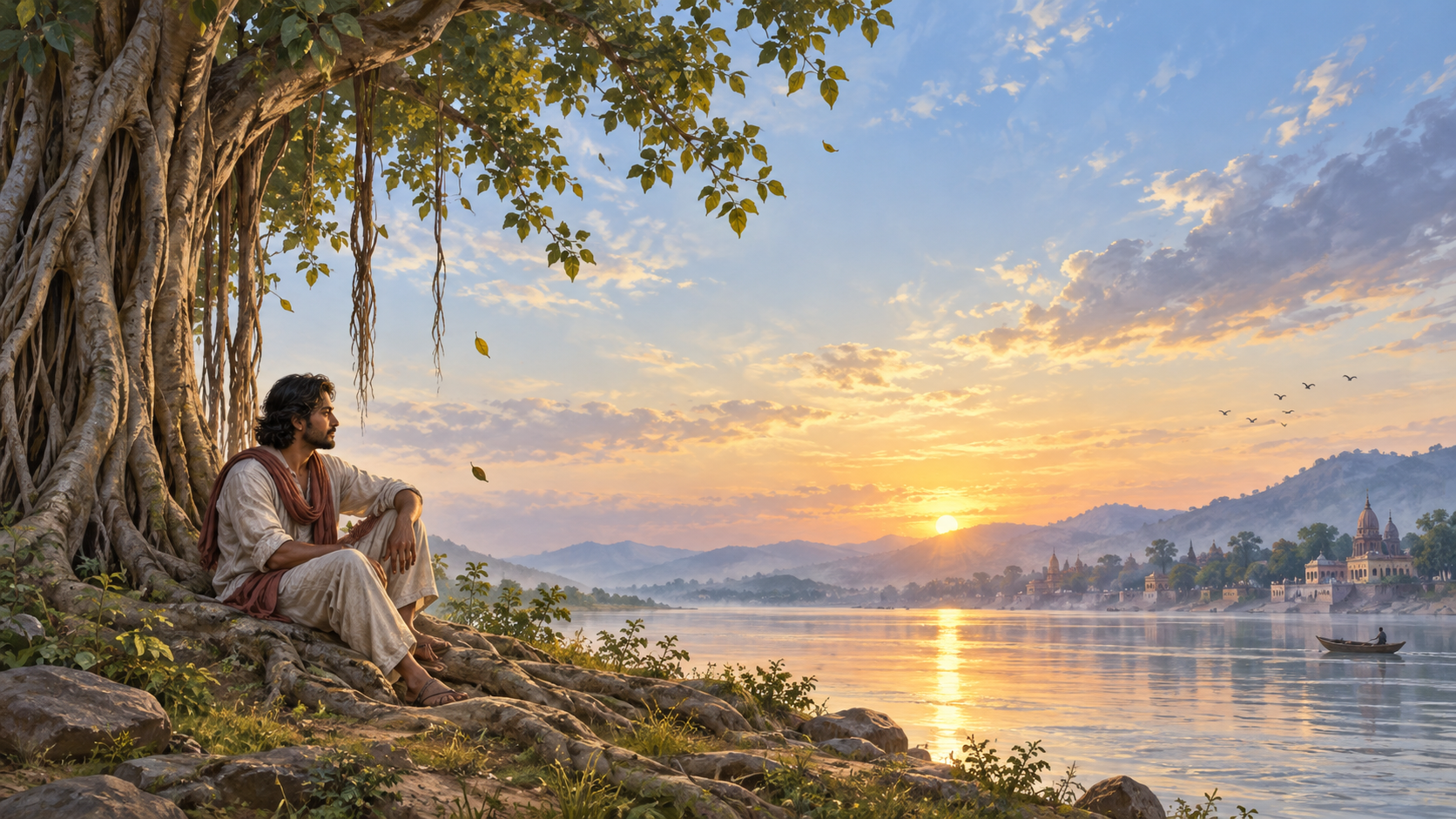 A person sits beneath a banyan tree beside a calm river while clouds, birds, and ripples move through the dawn landscape.