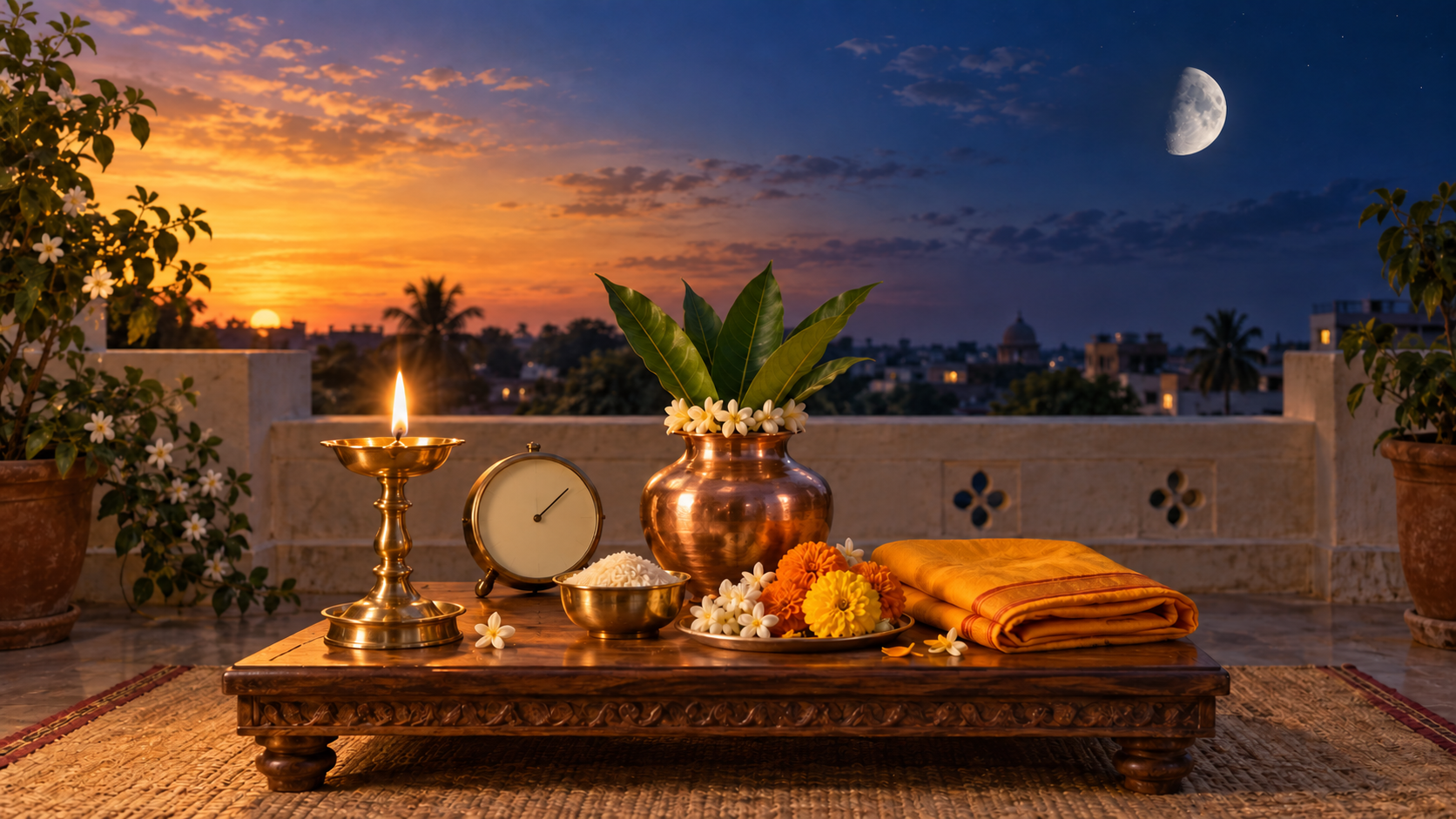 A brass oil lamp, copper kalasha, flowers, rice, saffron cloth, and an unnumbered timepiece arranged beneath a waxing moon at twilight.