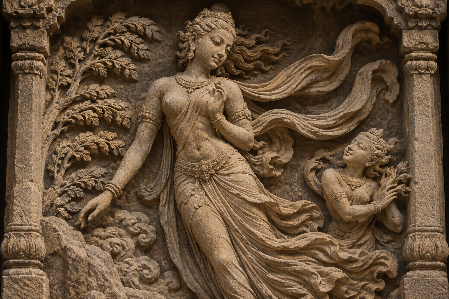 Stone divine figure with an arcing sash, lifted hair, diagonal garment folds, and bending foliage that suggest the movement of wind.