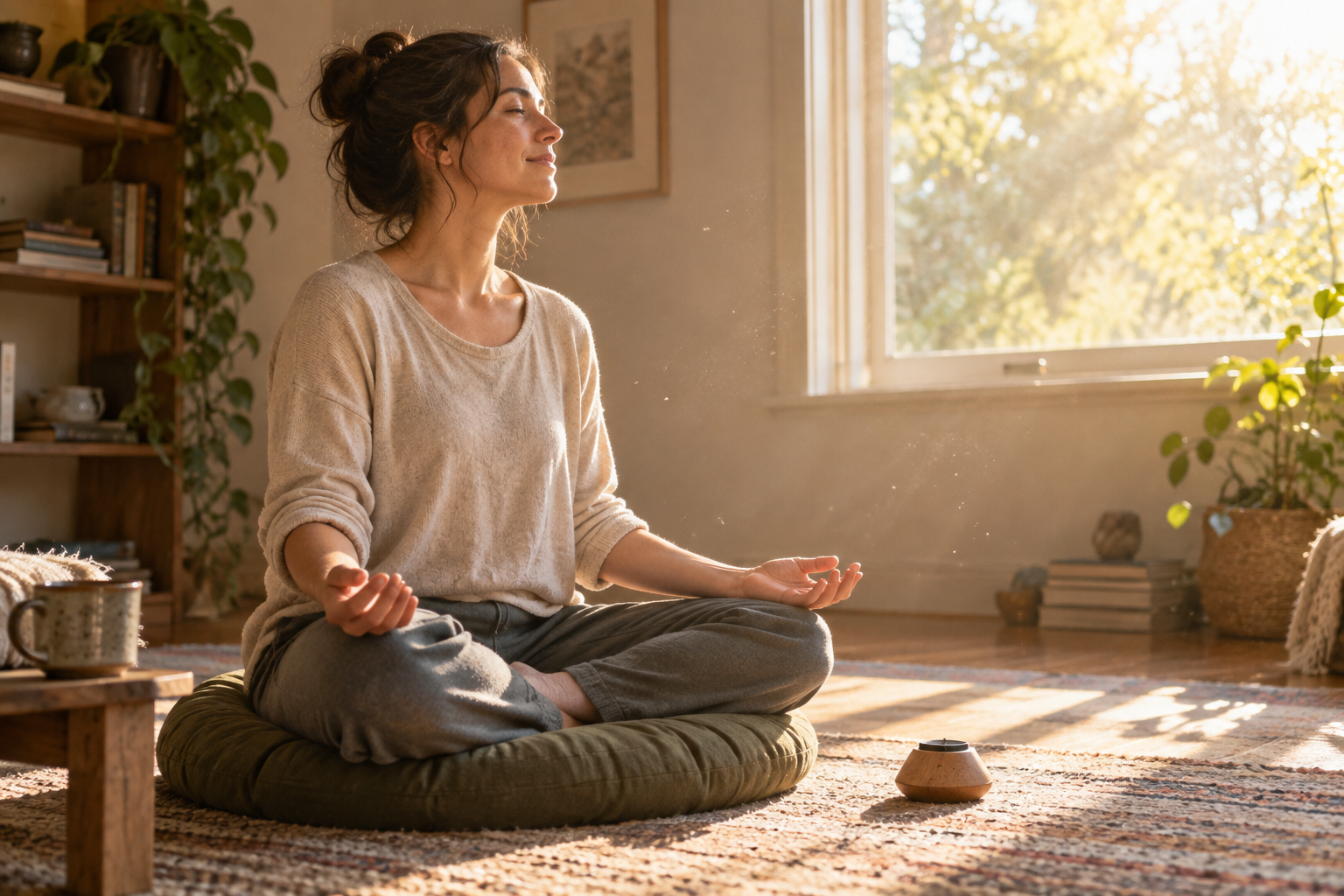 A meditator relaxes their shoulders and hands as sunlight and dust motes fill a simple room.
