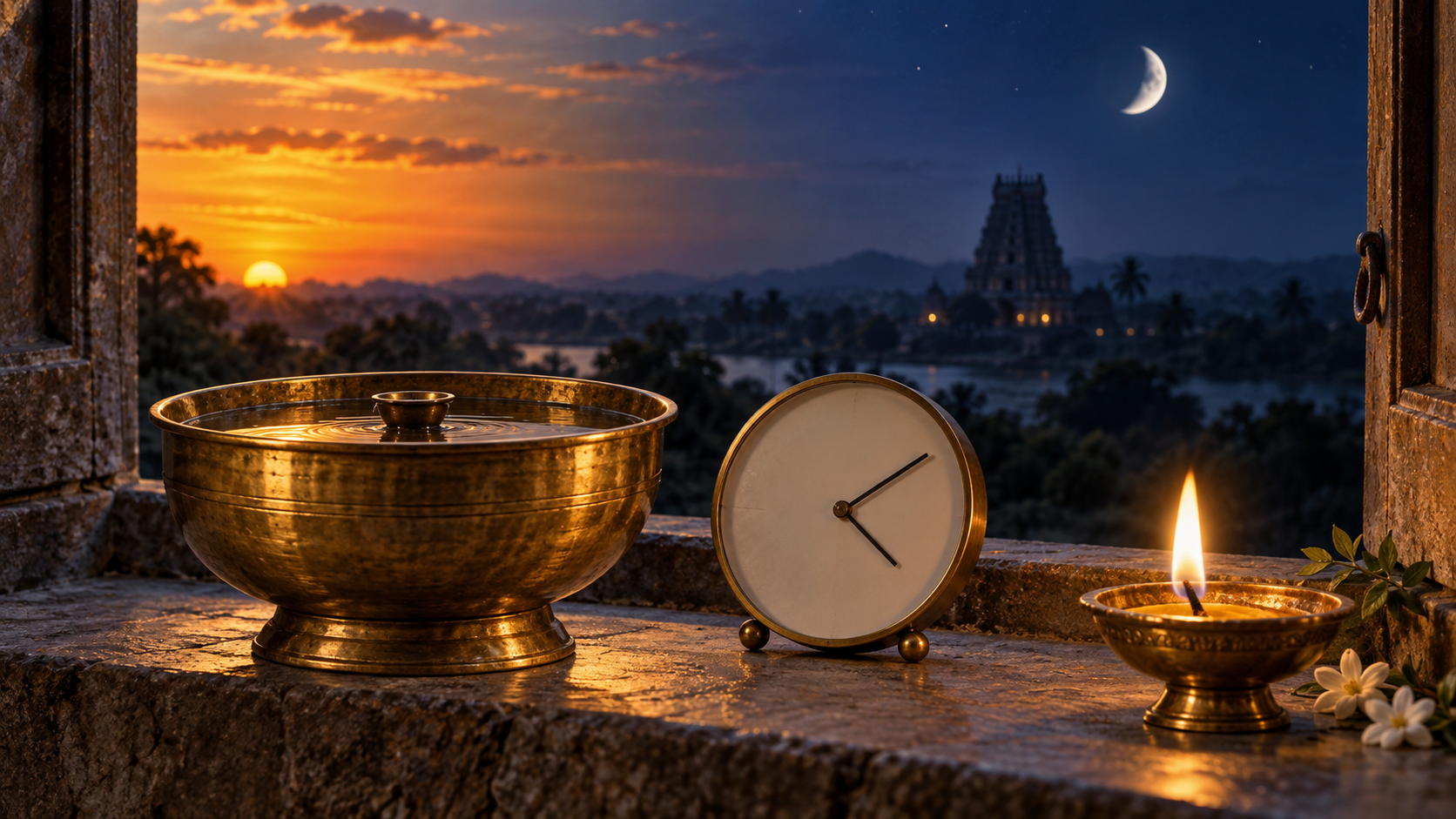 A diya, brass water clock, and unnumbered analog clock sit by a window as the sky changes from sunset to moonlit night.