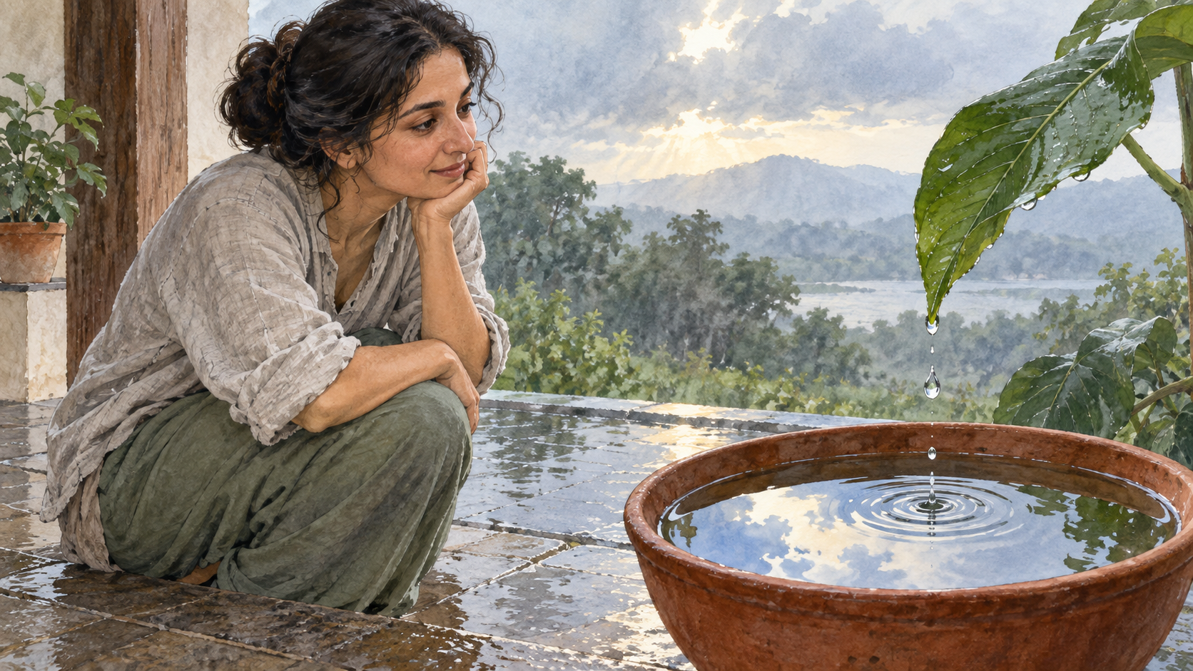 A person quietly watches a raindrop fall from a leaf into a clay bowl on a veranda.