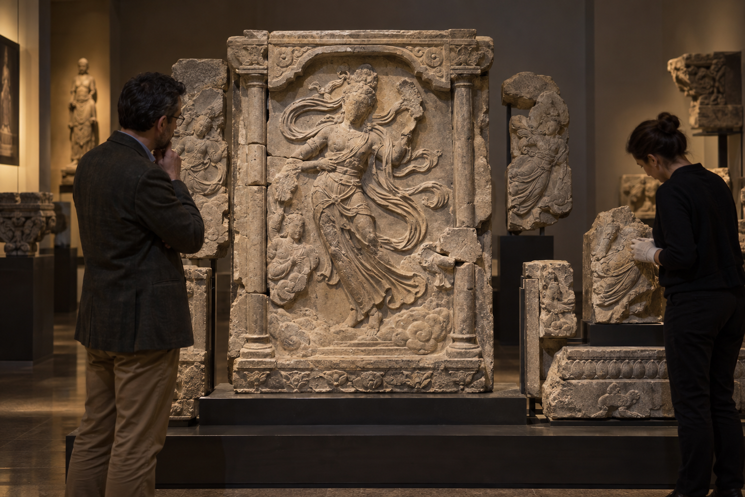 Two museum visitors examine a stone relief in context, including its neighboring figures, carved border, flowing drapery, and weathered attributes.