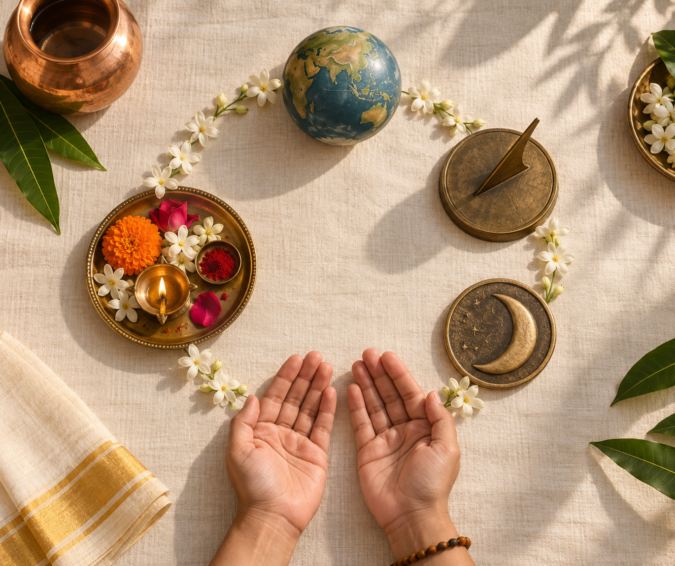 Five symbolic objects for location, time, lunar phase, worship, and confirmation are arranged on cream cloth with jasmine flowers.