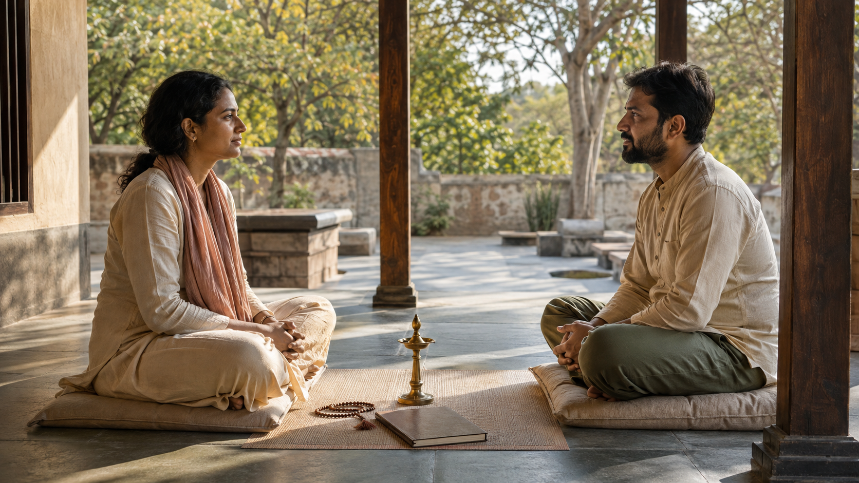 A spiritual practitioner and a trusted companion sit facing each other on a veranda beside a meditation mat, prayer beads, a brass lamp, and a closed notebook.