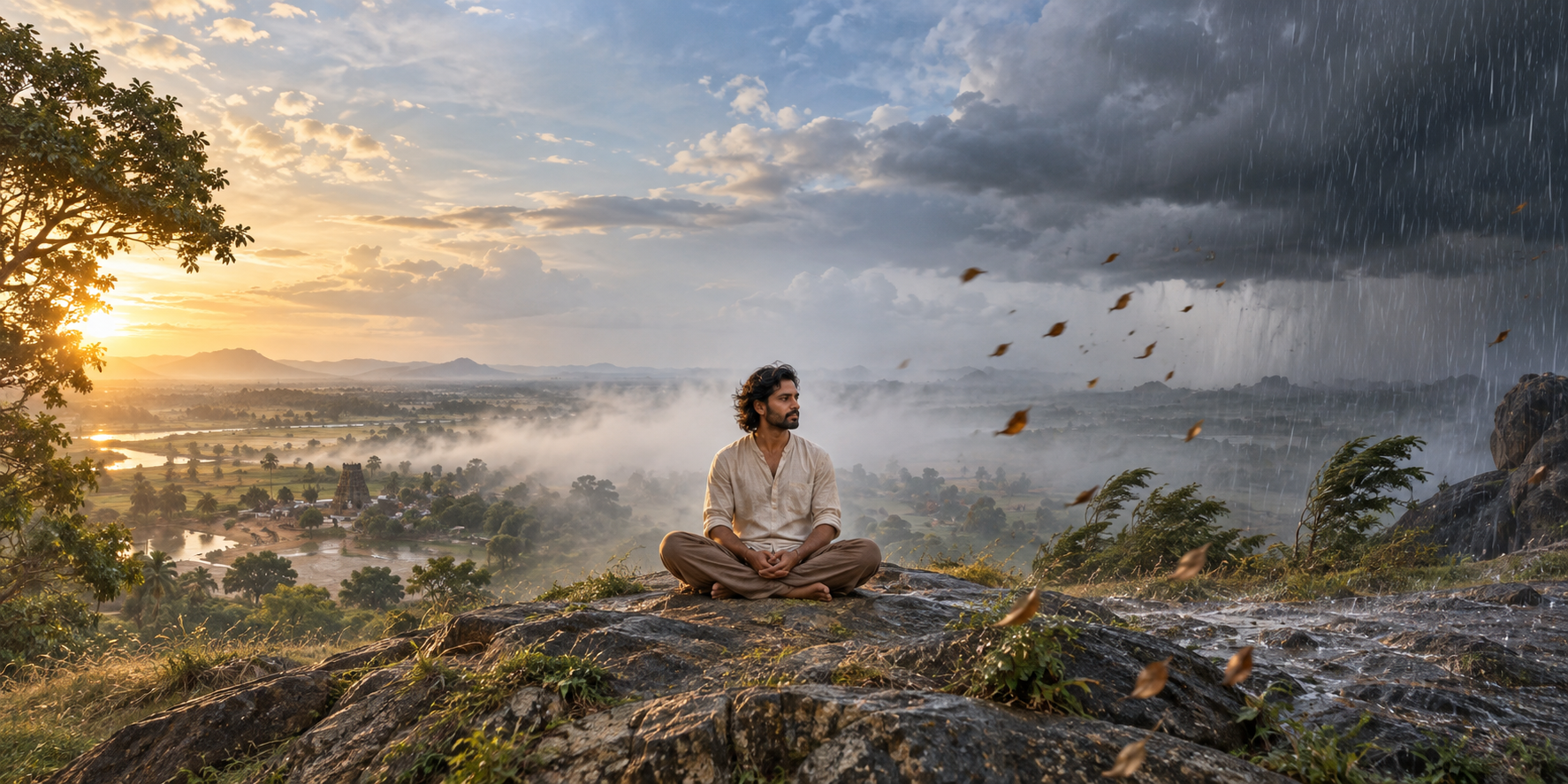 A seated meditator remains in an open landscape as sunlight, mist, wind, and rain clouds pass around them.
