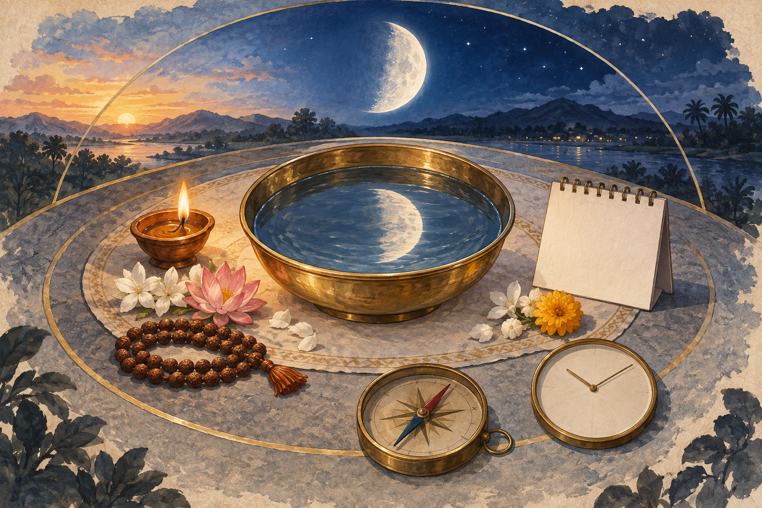 A waxing moon reflected in a brass bowl is surrounded by worship items, an unmarked calendar leaf, a compass, and an unnumbered clock.
