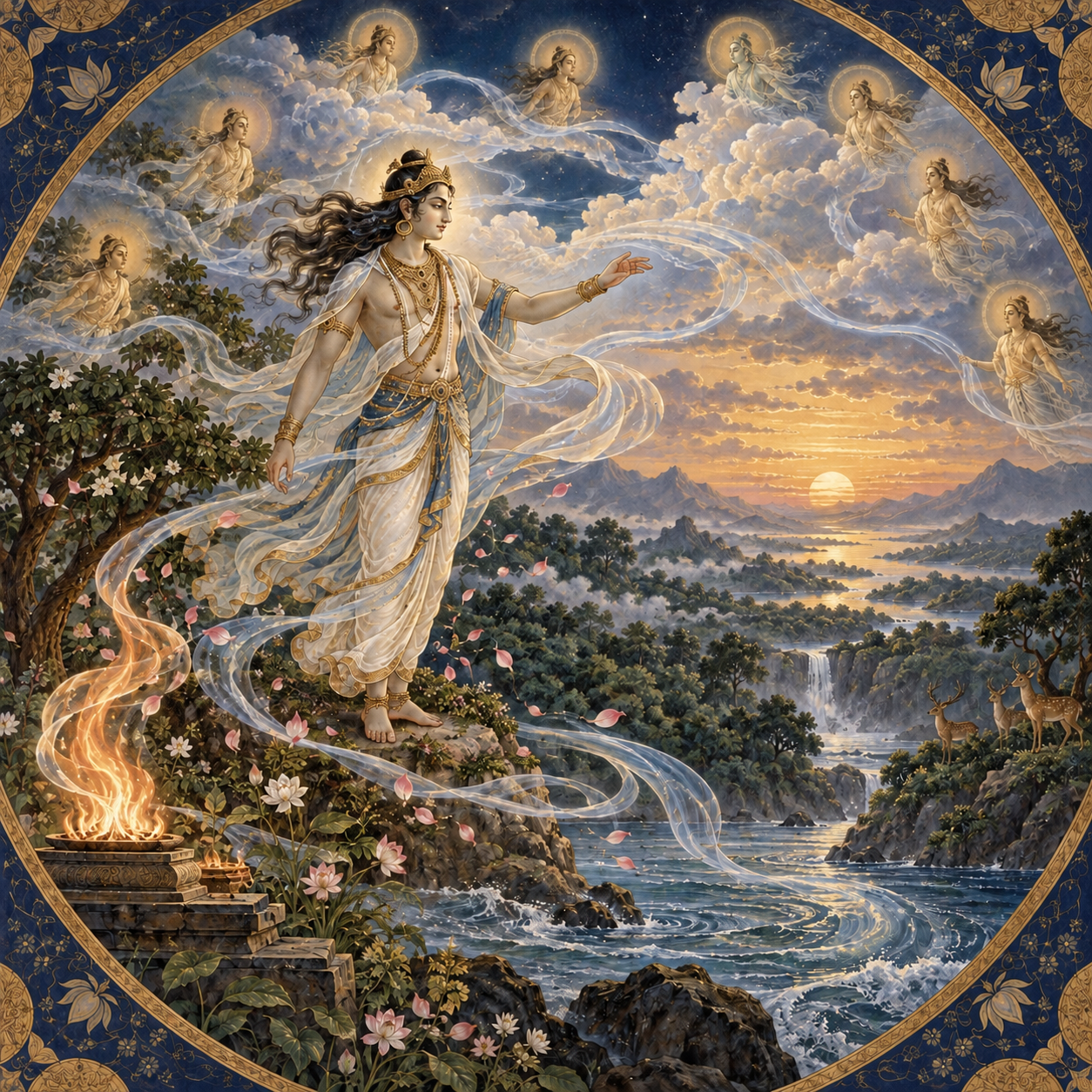Divine figure amid clouds, trees, water, petals, and a ritual flame connected by a flowing current, with seven subtle celestial presences nearby.