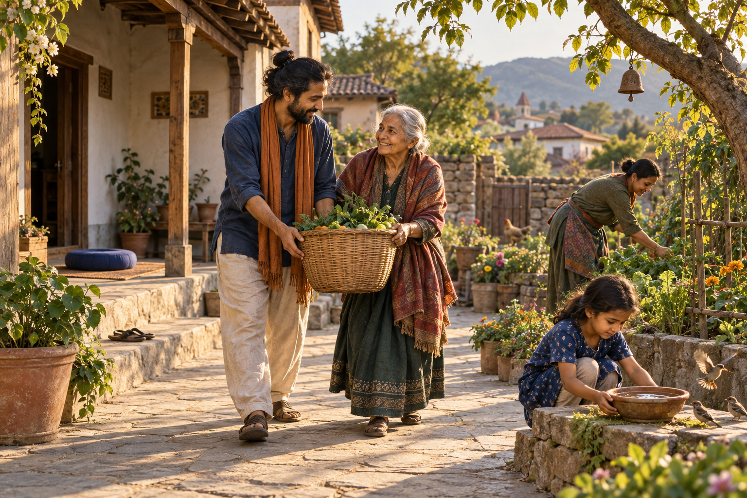 A person leaving a meditation space helps an older neighbor carry a basket in a busy village courtyard.