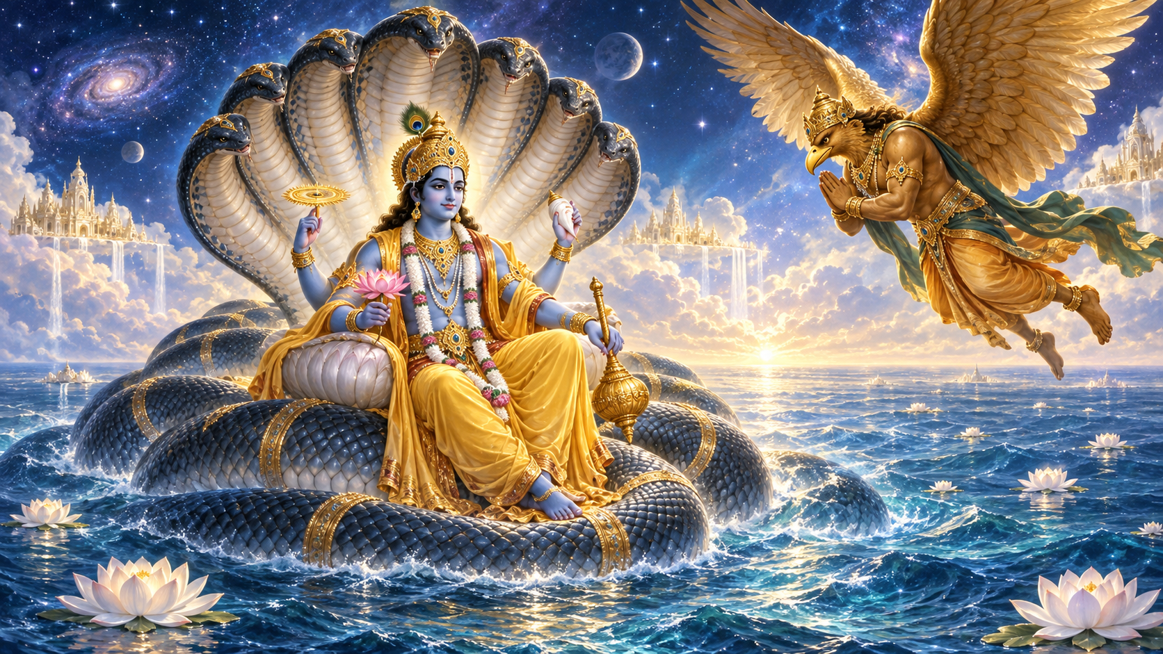 Vishnu appears above a cosmic ocean with the many-hooded Ananta Shesha behind him and the golden-winged Garuda bowing nearby.