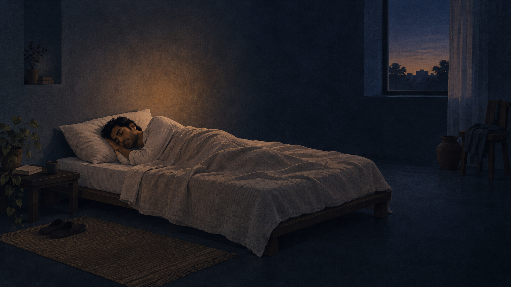 An adult sleeps beneath a plain blanket as a quiet room fades into deep indigo shadow around a subtle warm glow.