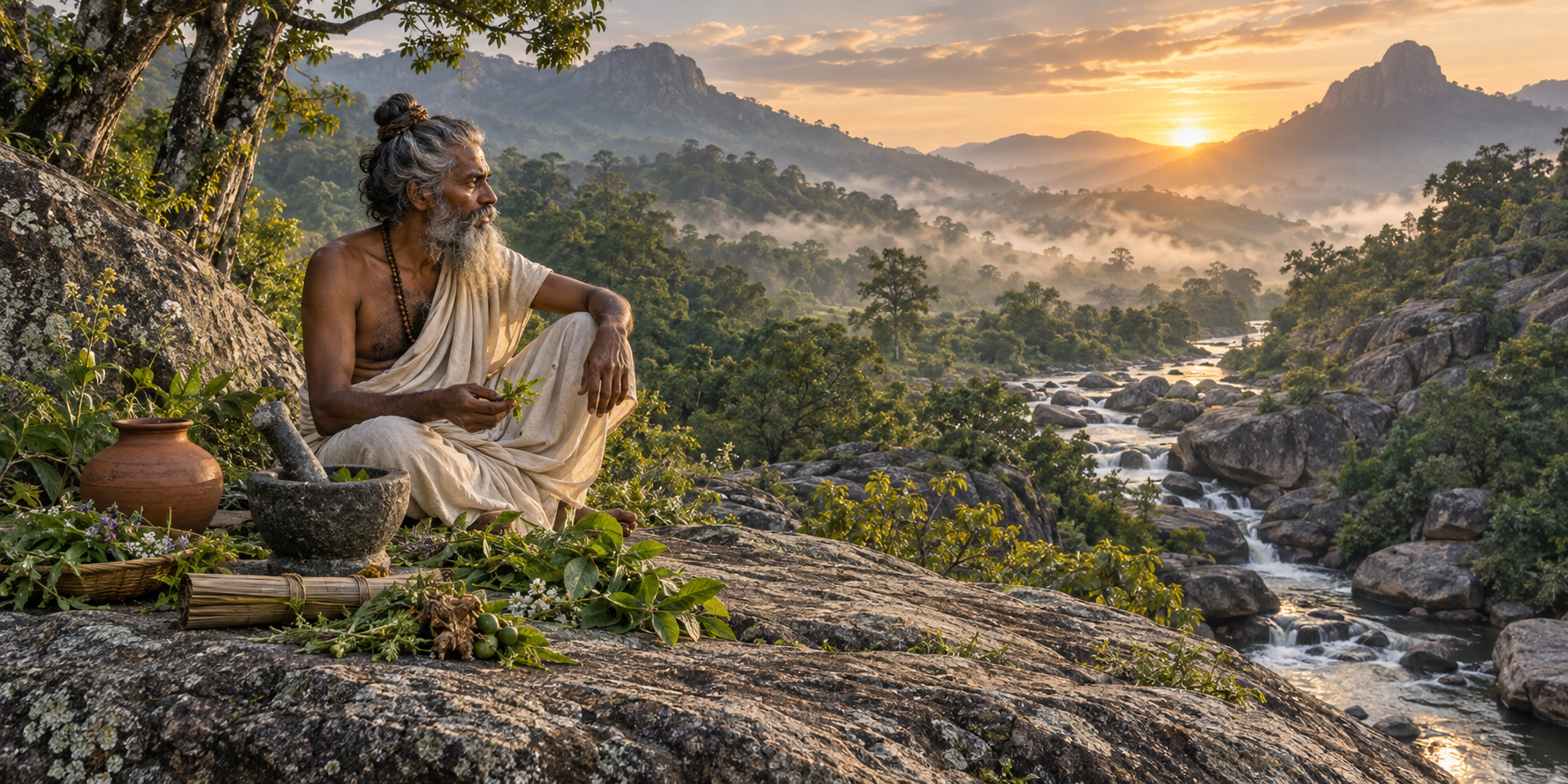 A Tamil ascetic meditates beside medicinal plants, a stone mortar, and a clay vessel overlooking a misty stream in the Western Ghats.