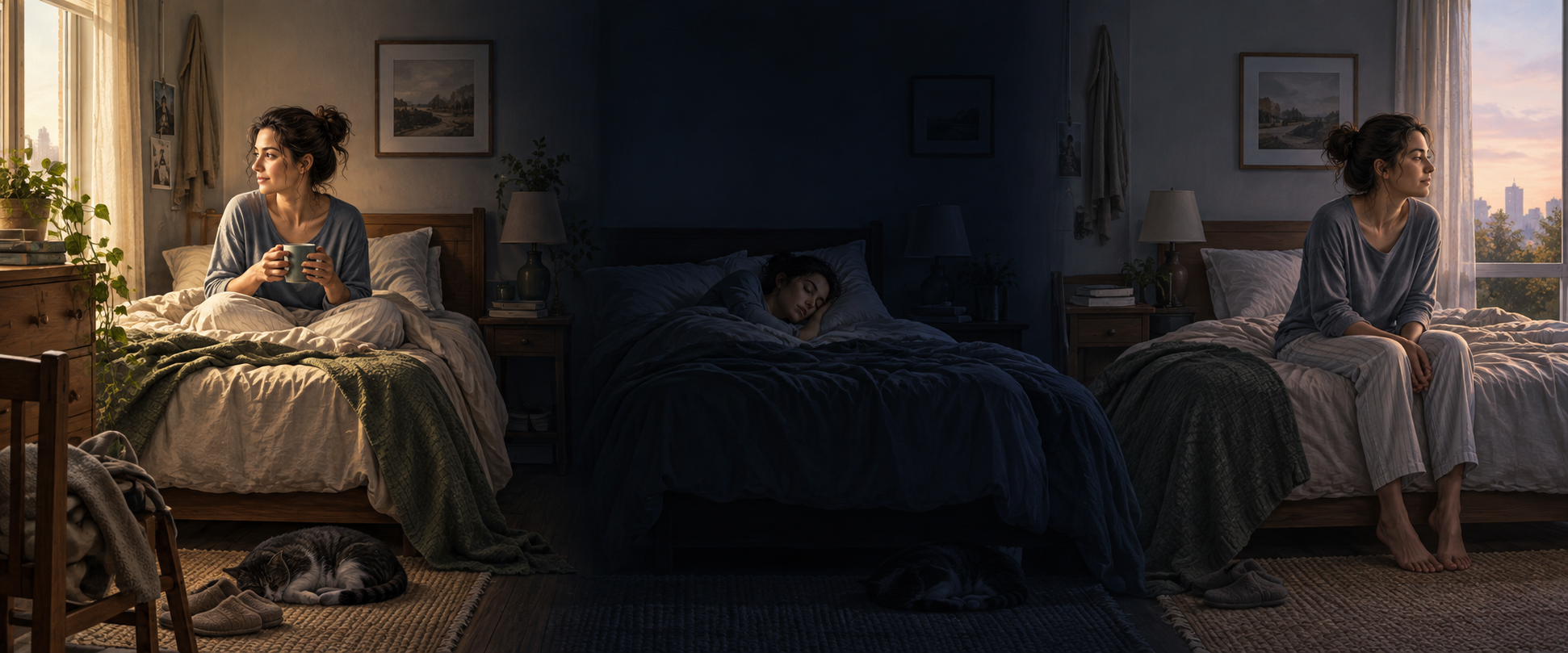 One continuous illustration shows an adult awake, asleep in a darkened room, and seated quietly after waking.