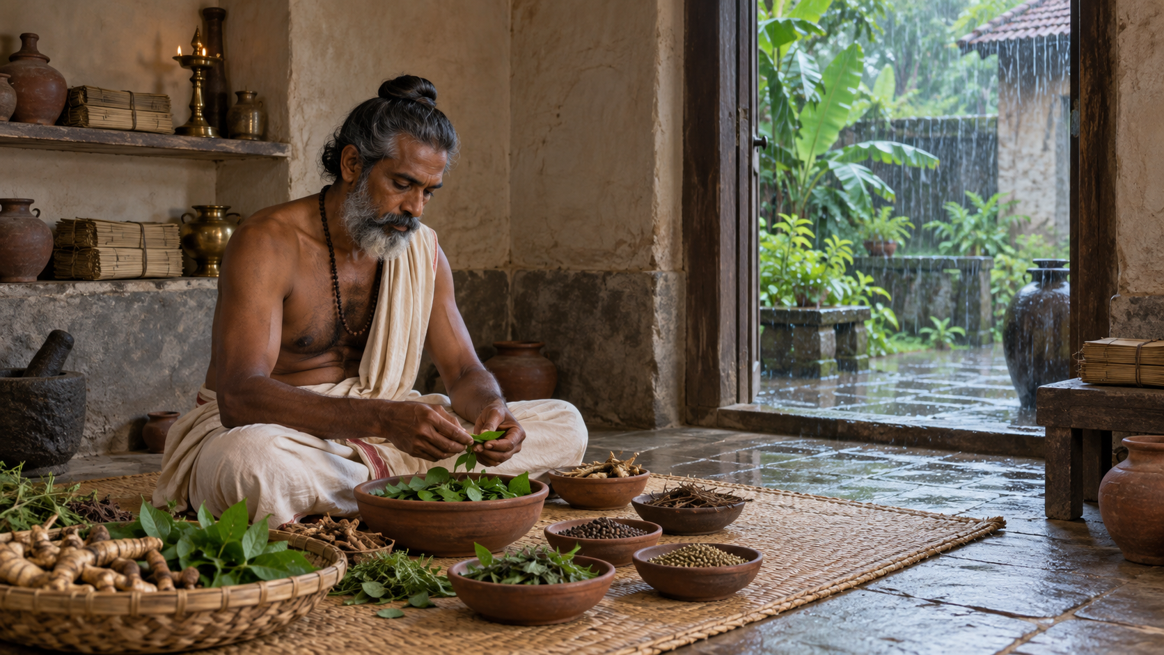 A South Indian practitioner quietly sorts medicinal leaves, roots, and seeds into earthen bowls inside a simple room.