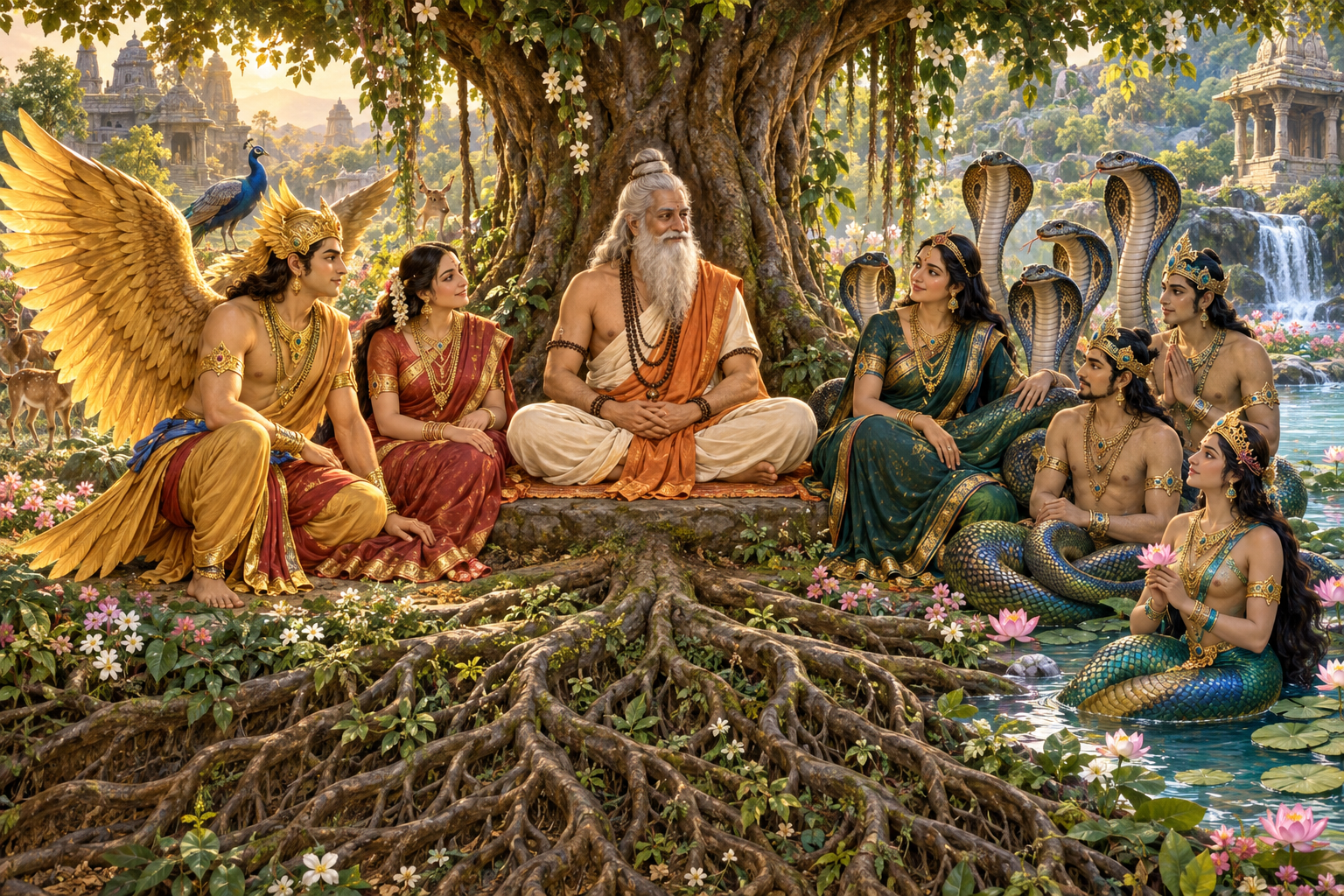 Sage Kashyapa sits beneath a tree between Vinata with the winged Garuda and Kadru with a group of serpents and naga figures.
