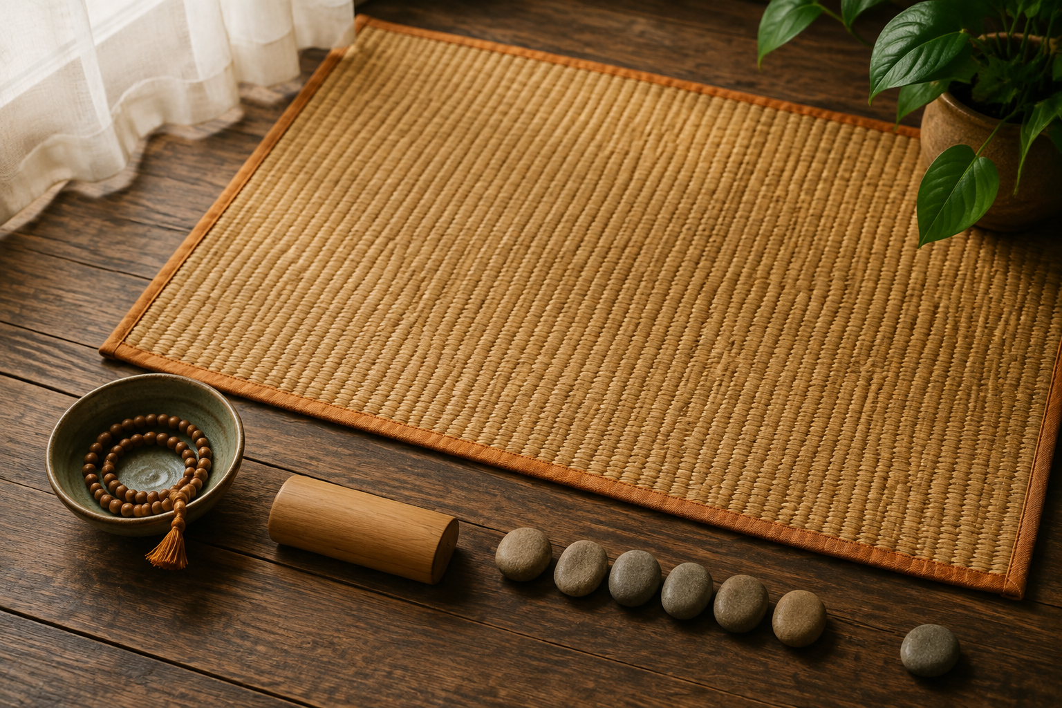 A meditation mat, prayer beads, wooden counter, and seven river stones are arranged in a quiet practice corner lit by dawn light.