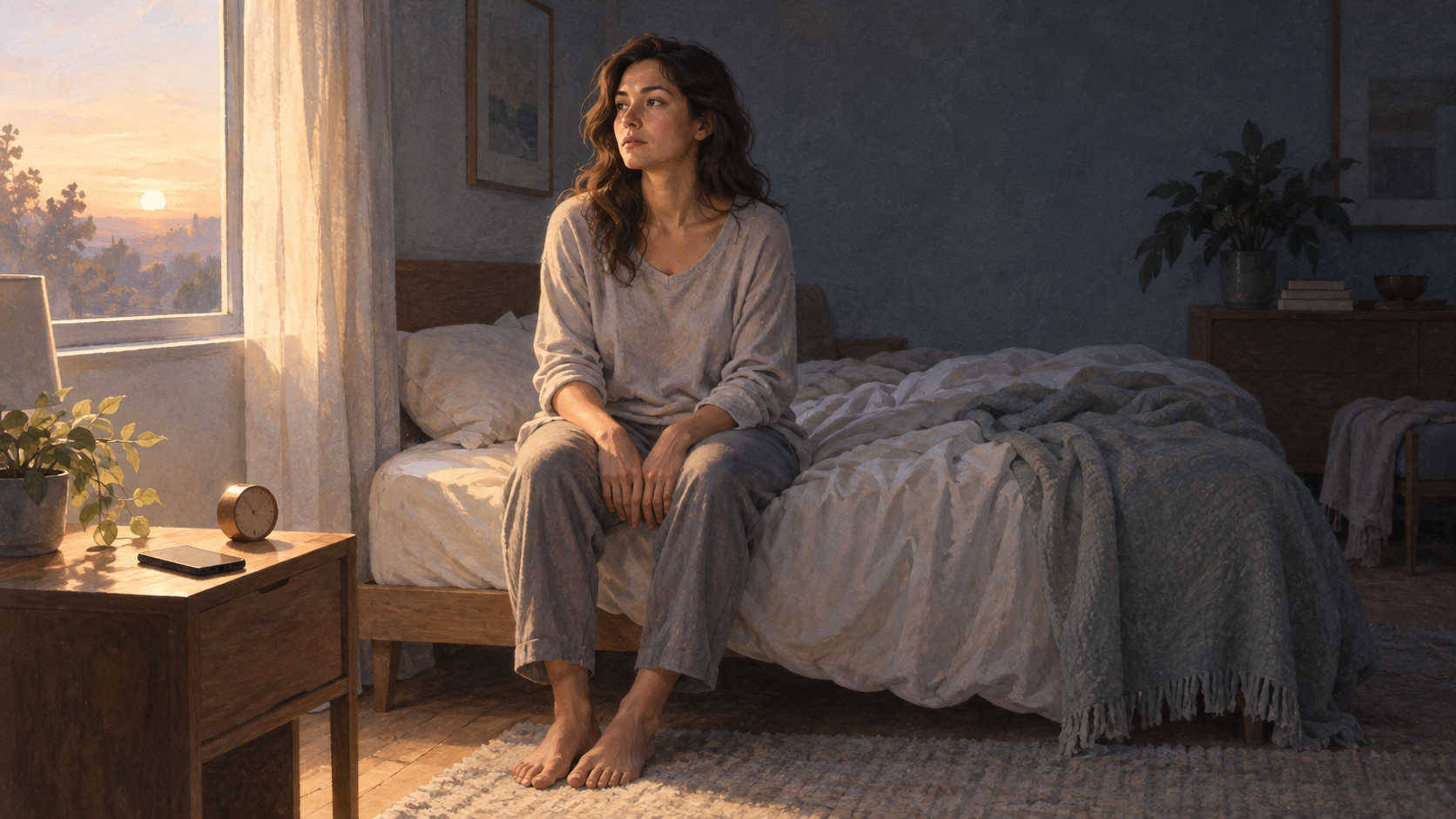 An adult sits quietly on the edge of a bed at dawn while a face-down phone and clock remain untouched nearby.