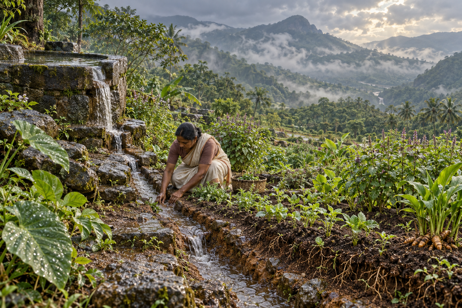 A practitioner guides rainwater through a stone channel into a terraced medicinal herb garden.