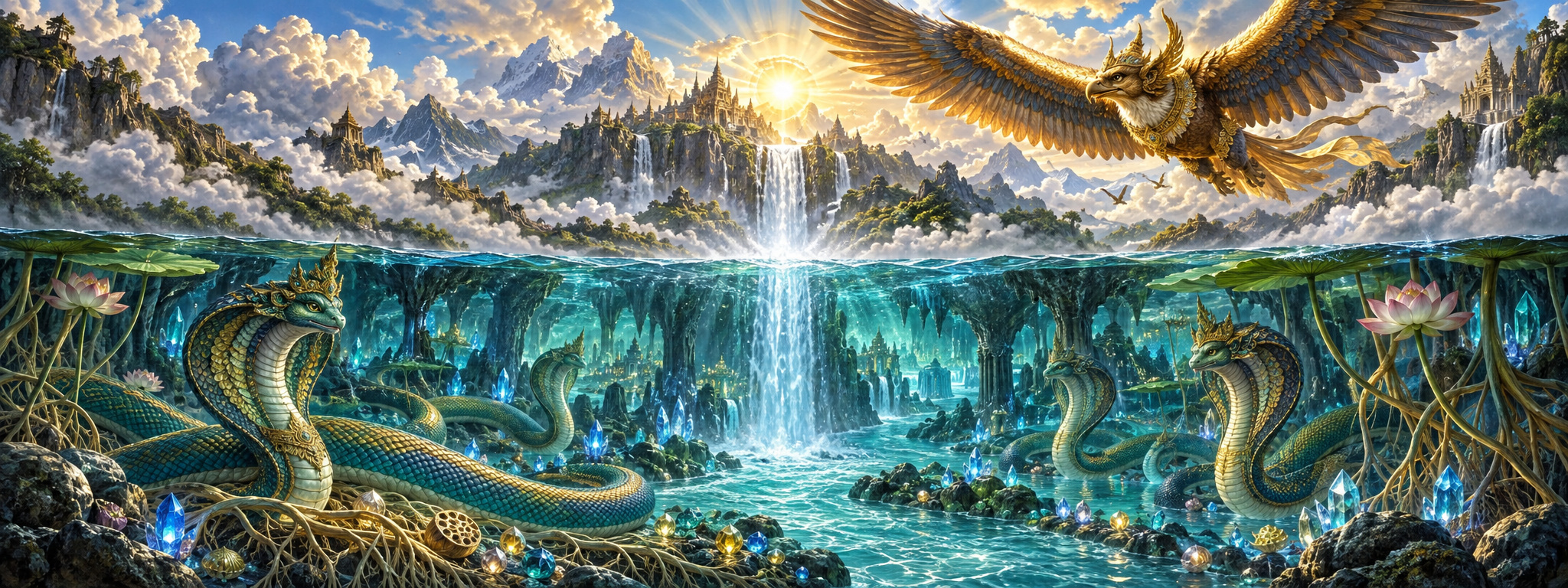 Naga figures guard an underground river and jewels below while the golden-winged Garuda flies above mountains and clouds.