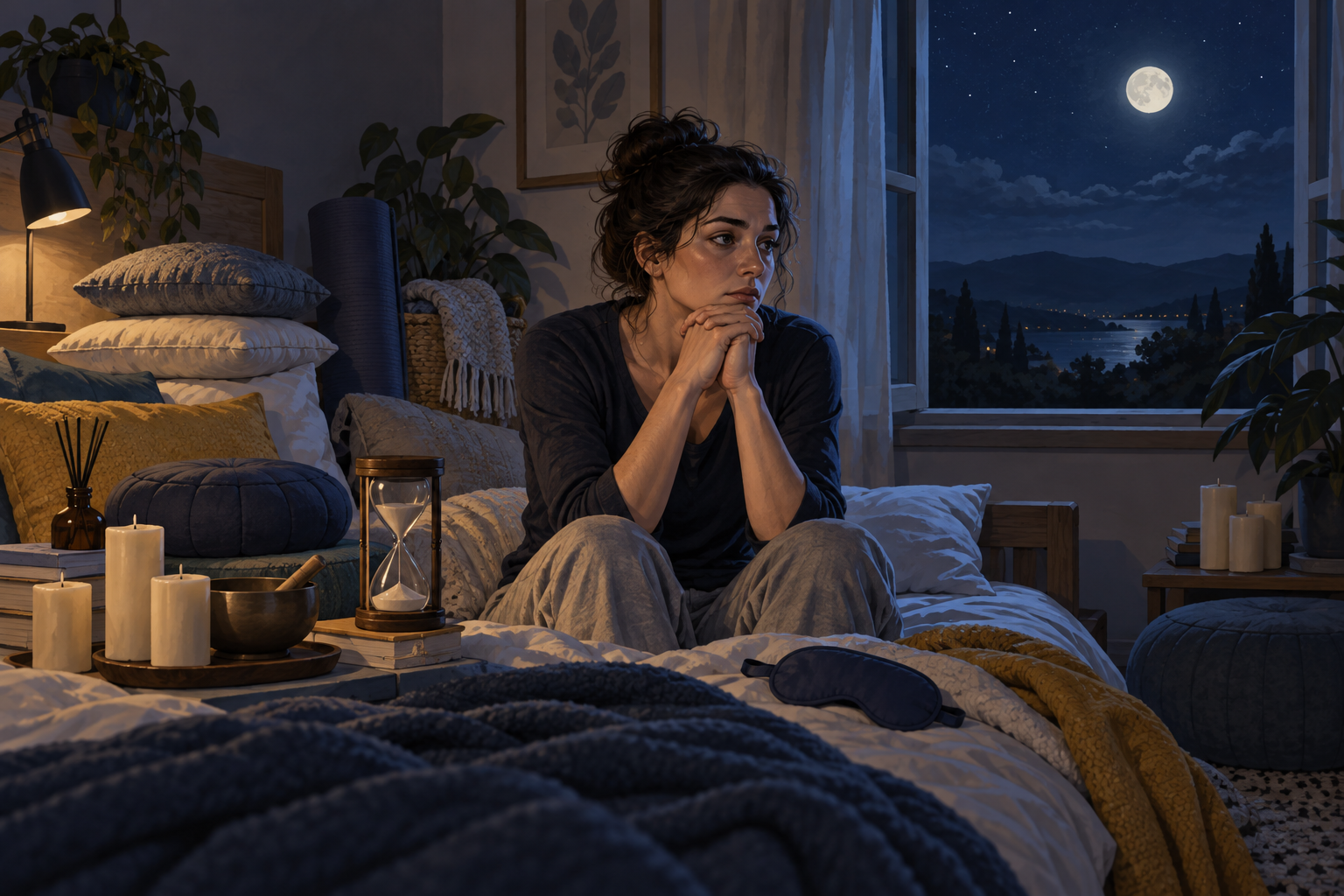 A tense adult sits on a bed amid carefully arranged sleep aids while a calm night sky is visible through the window.