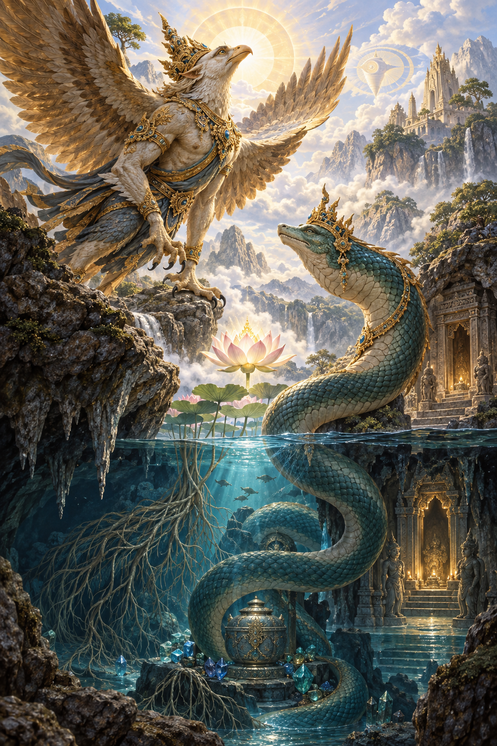 Garuda and a crowned naga face each other between a sunlit sky and a water-filled cavern, with a lotus at the center.
