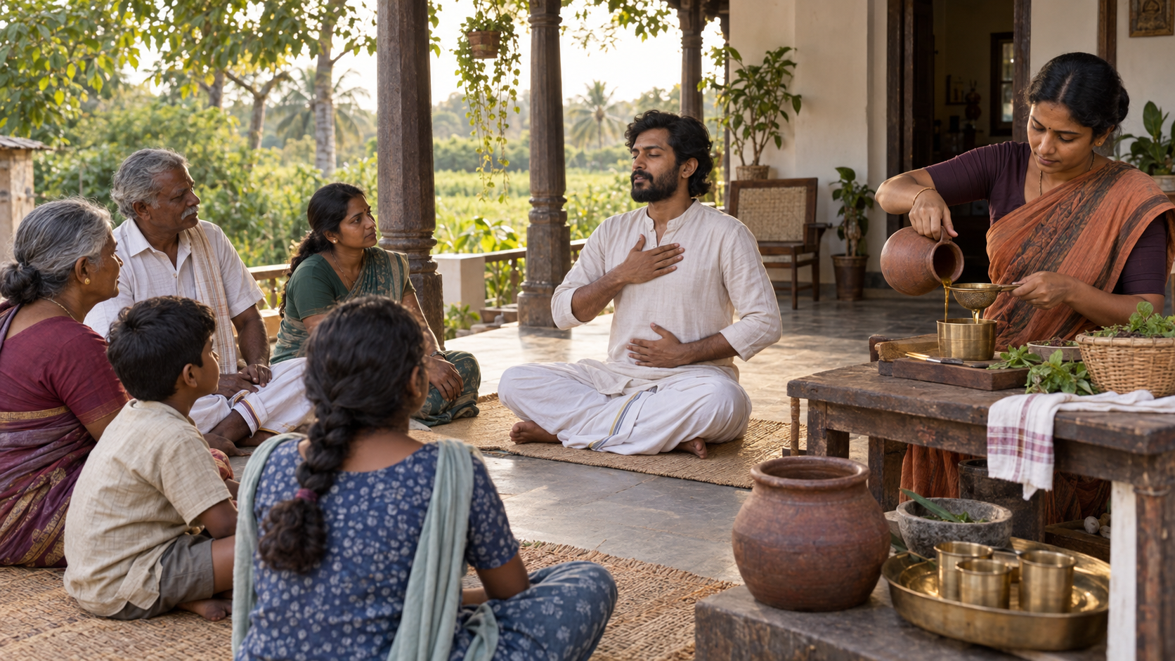 A practitioner guides a small group in breathing posture while another person carefully prepares an herbal infusion on a shaded veranda.