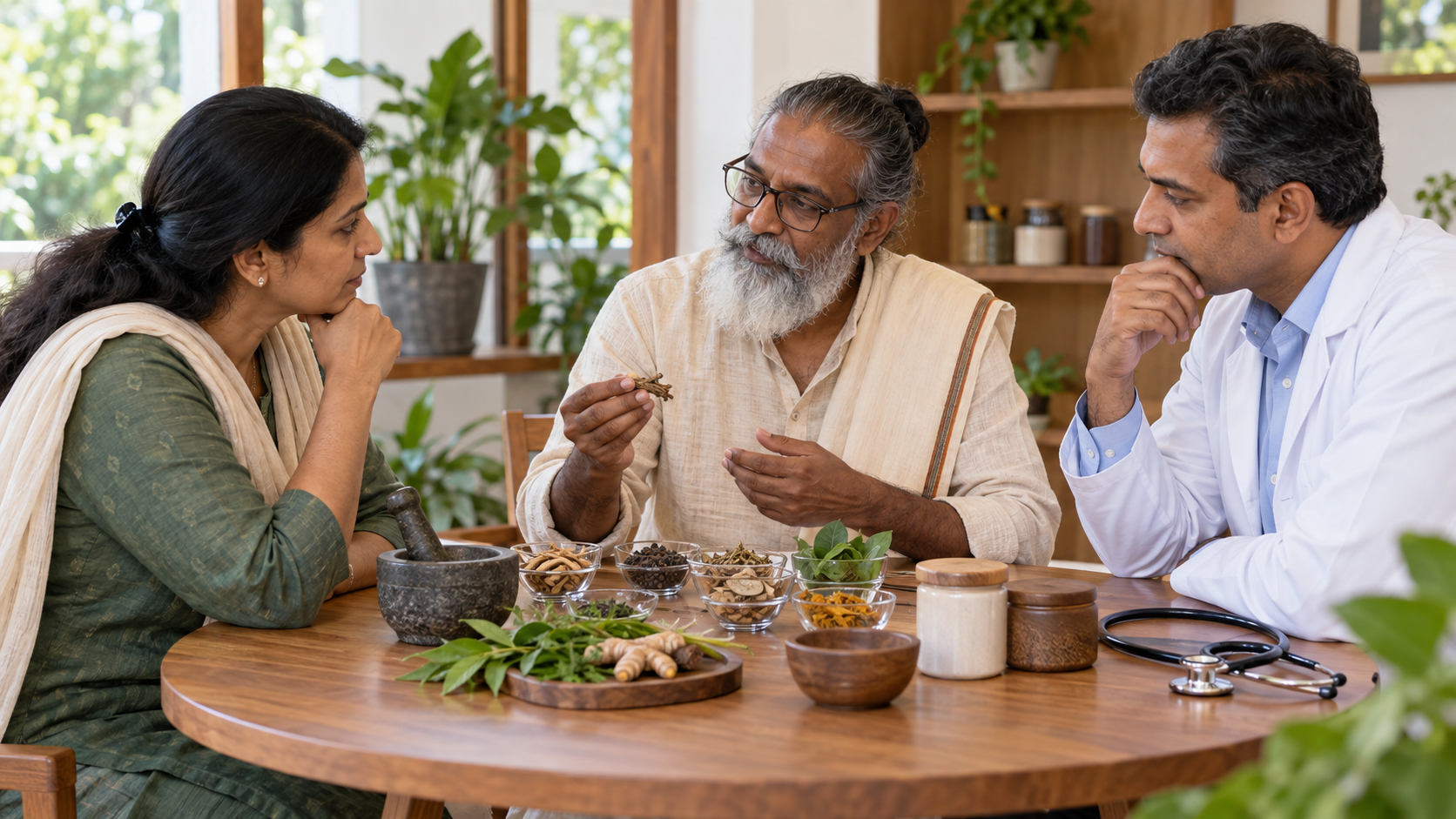 A patient speaks with a Siddha medicine practitioner and a modern clinician as they examine unlabeled herb samples together.